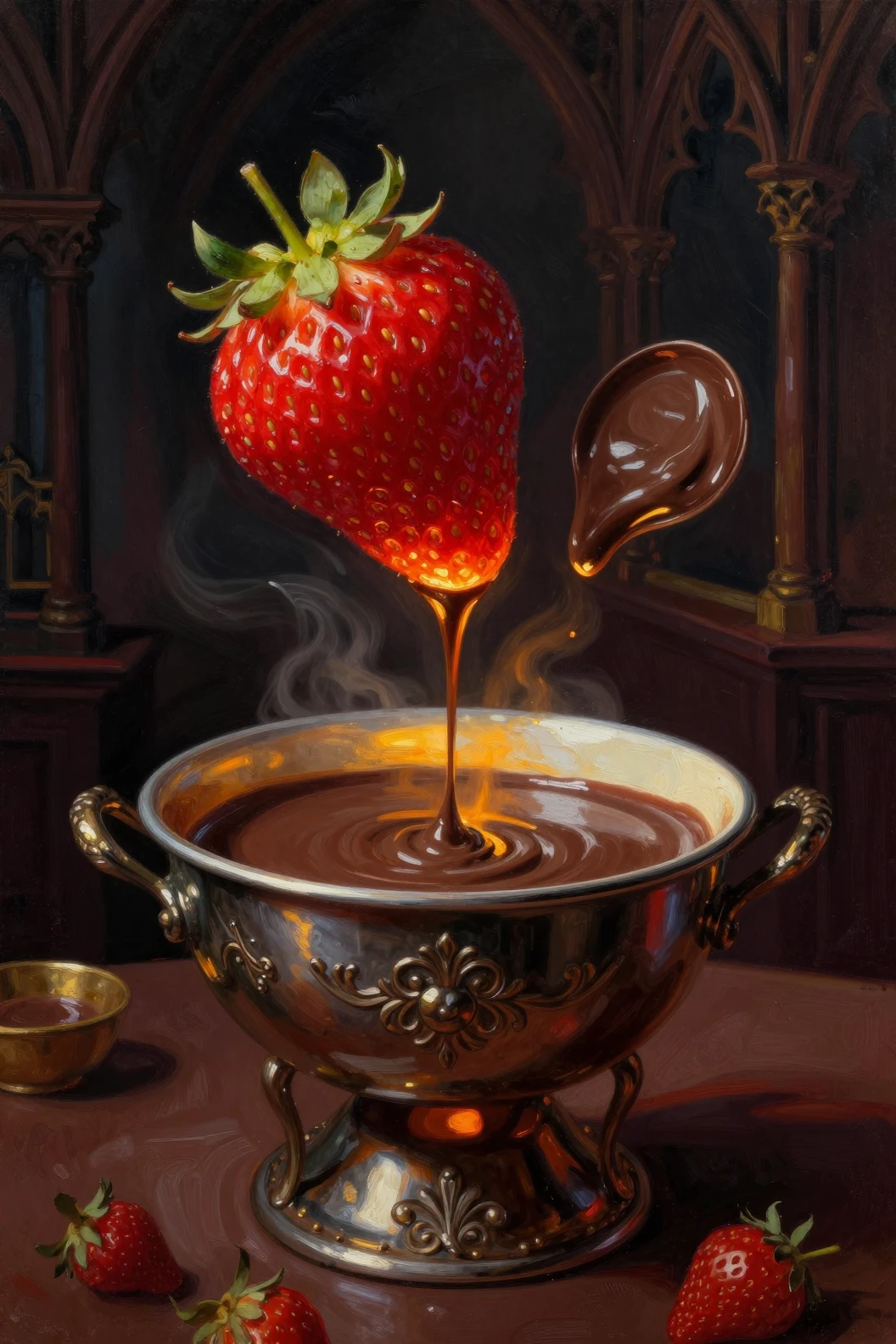 Nahaufnahme: Schokoladenfondue mit Erdbeere im dramatischen Licht