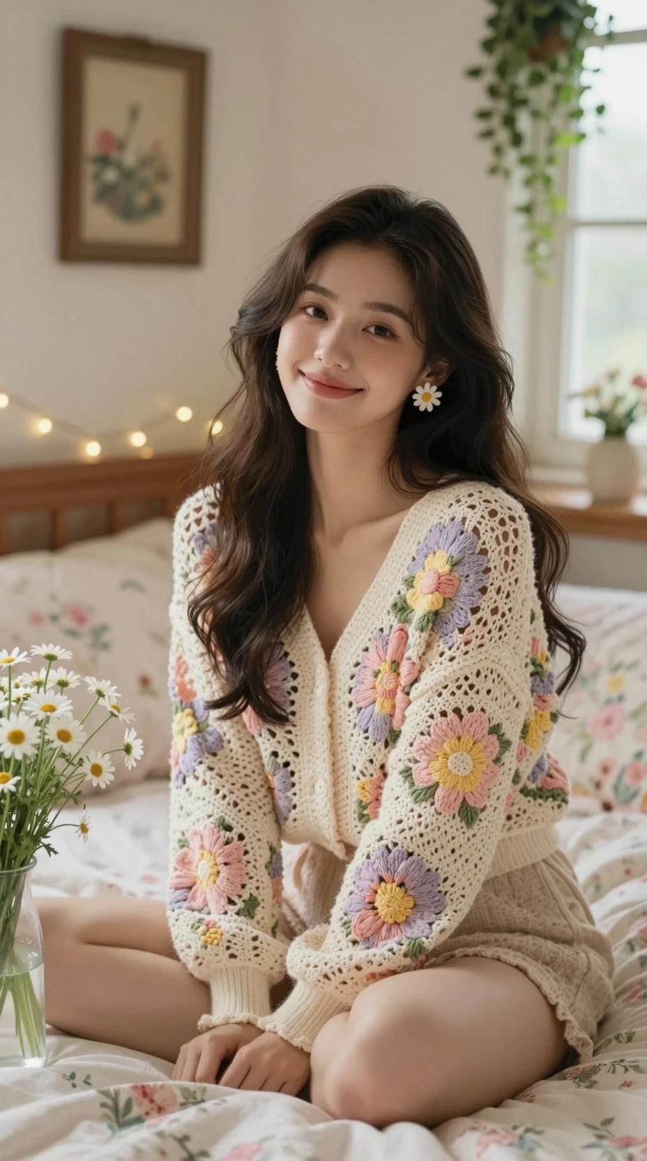 Retrato de jovem mulher em um aconchegante quarto floral