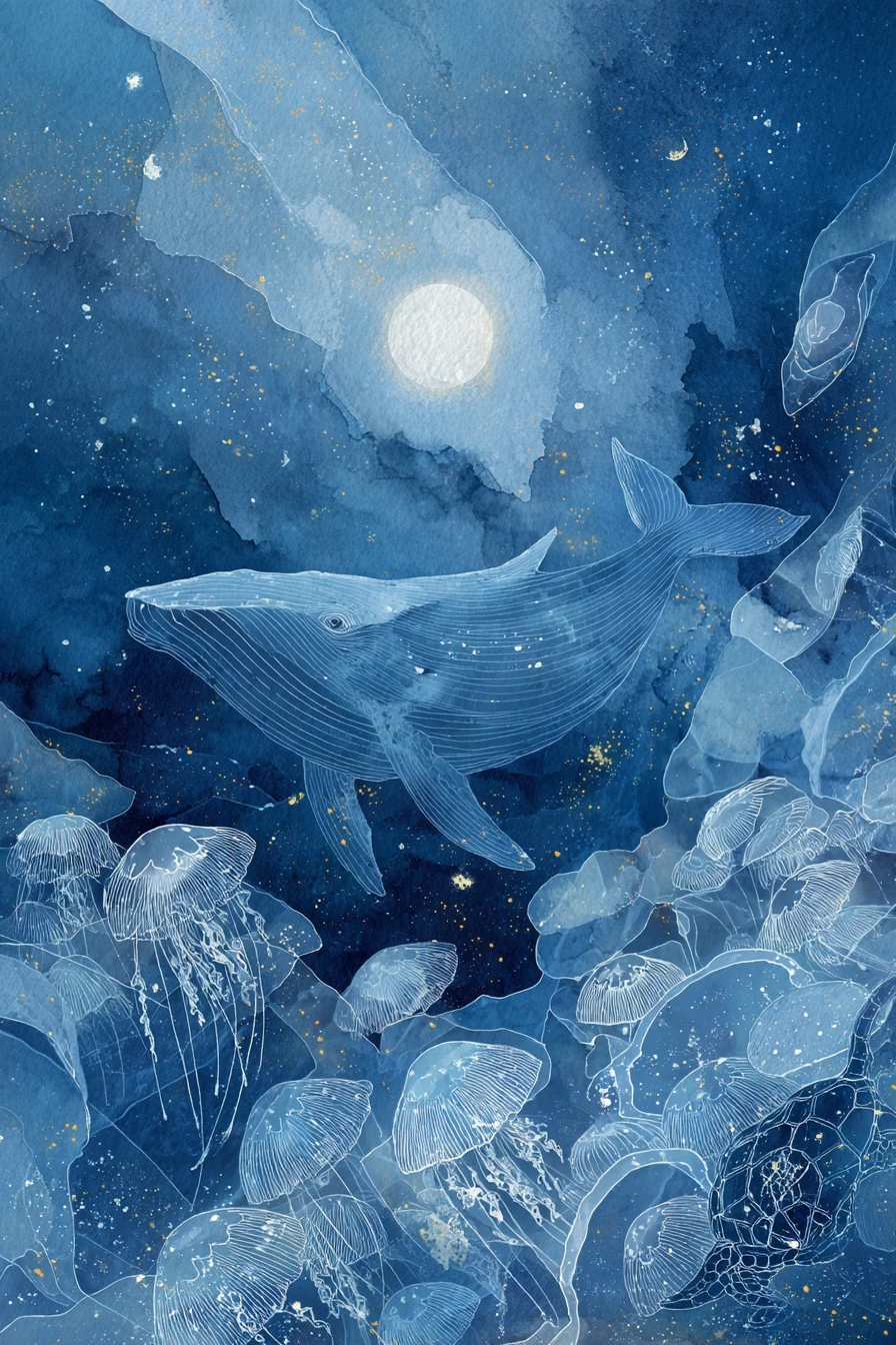 Baleia Onírica em Dupla Exposição no Céu Noturno Celestial