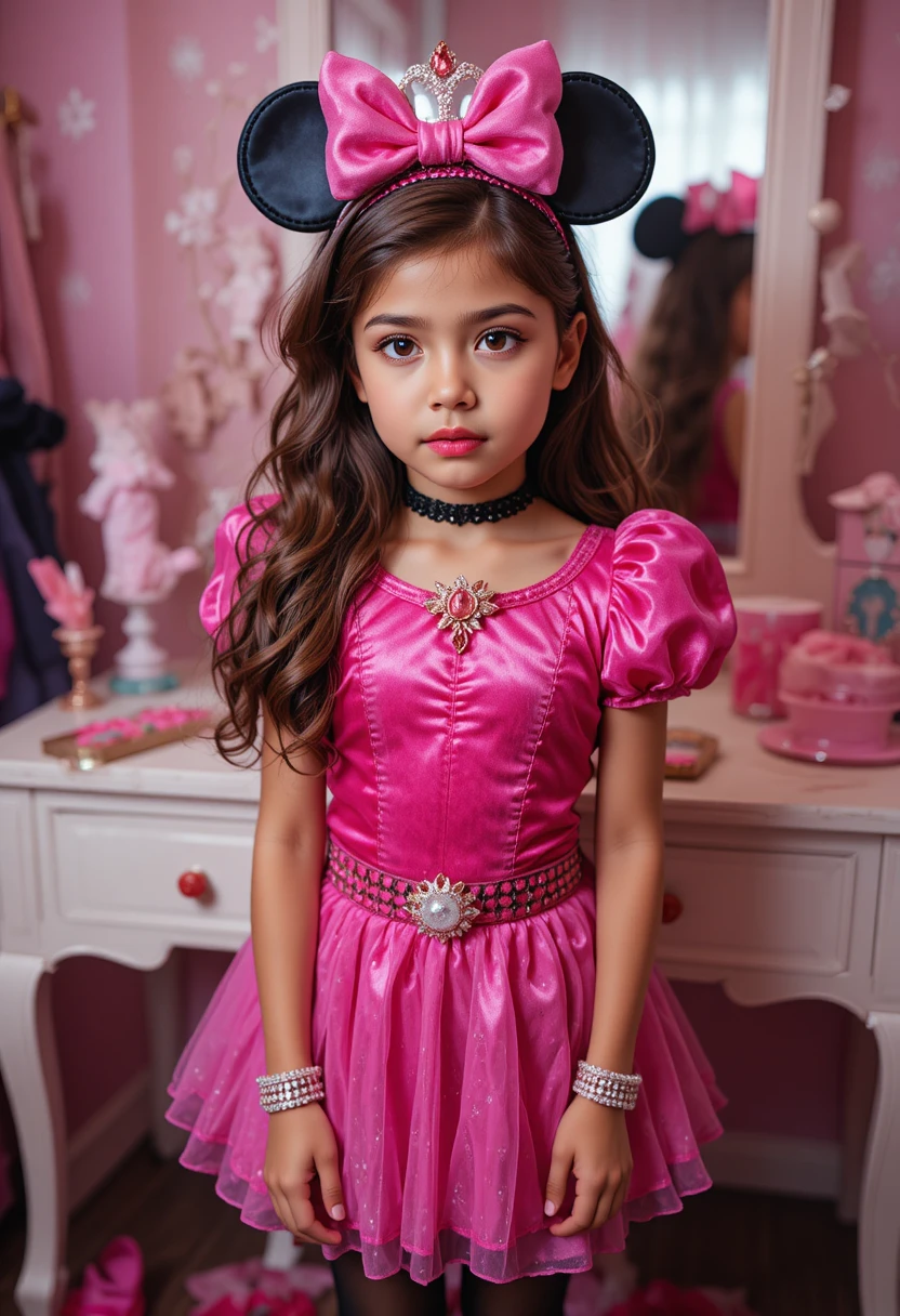 Pré-adolescente nervosa com maquiagem e vestido de princesa inspirados na Minnie