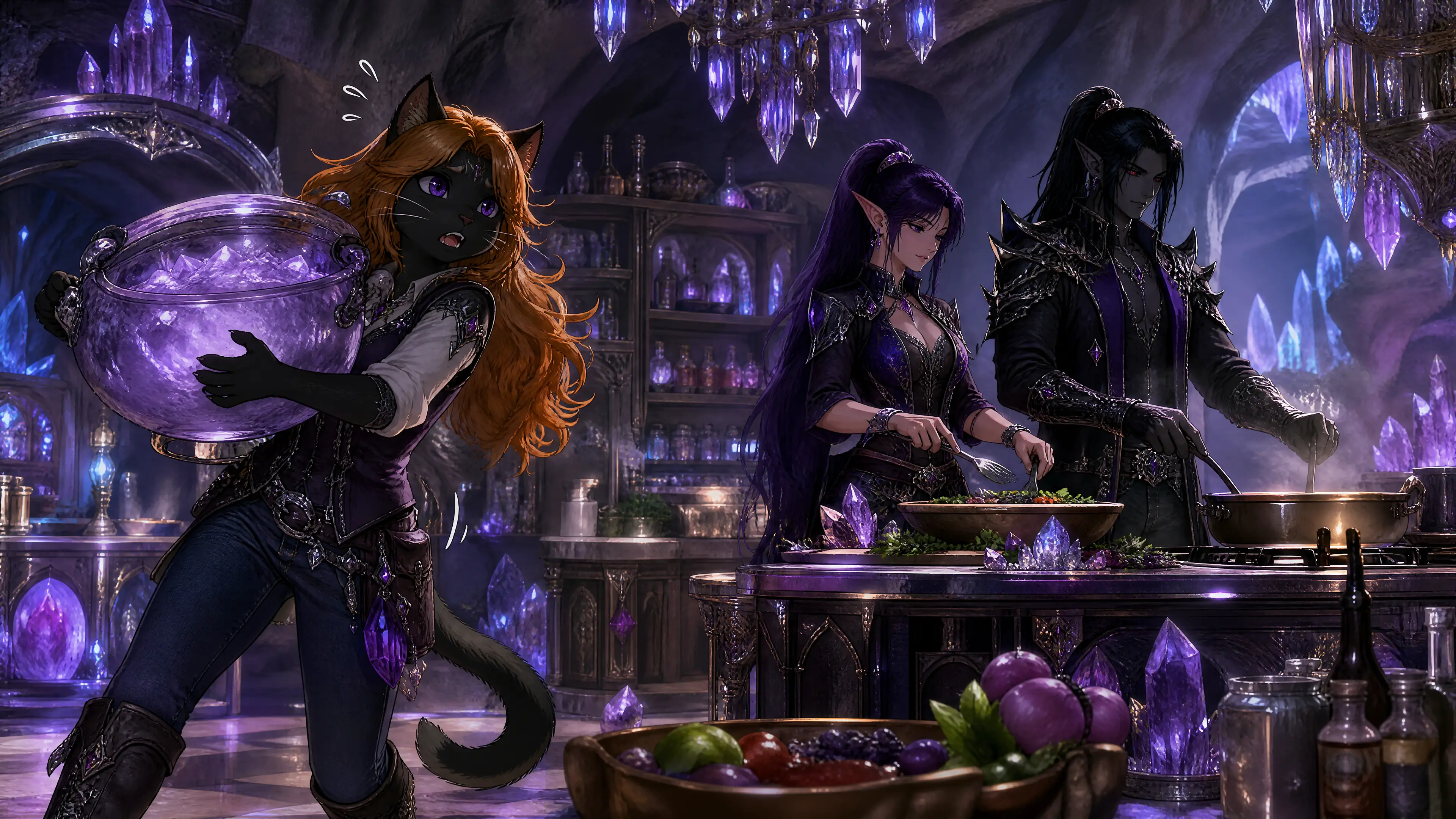 Anthro cat and eldar couple cooking in crystal cavern kitchen