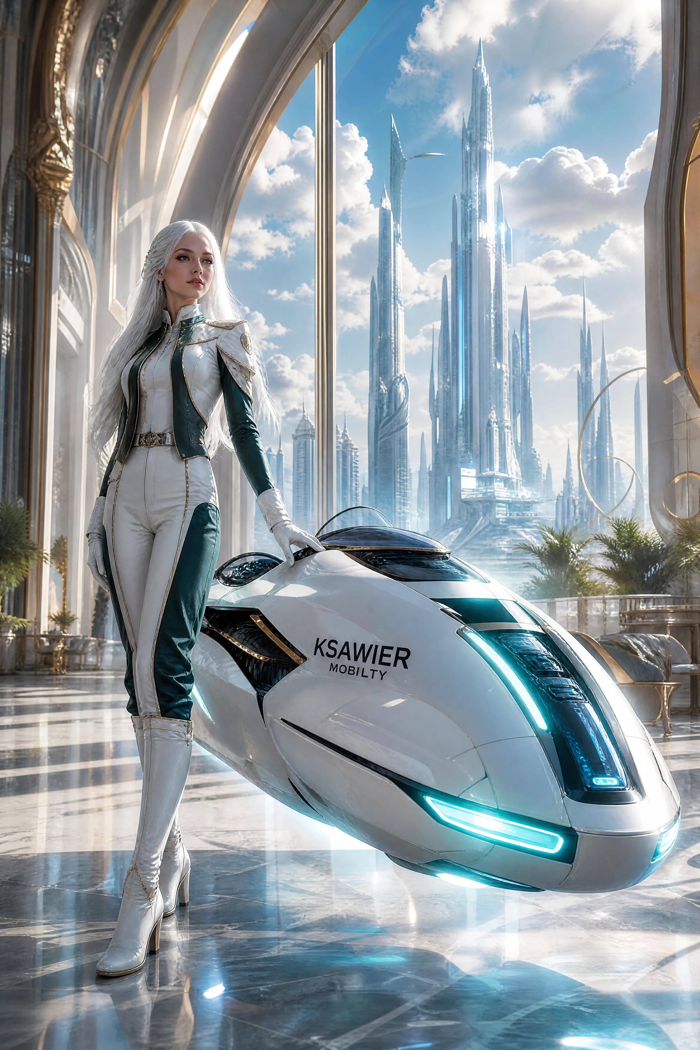 Mulher futurista com scooter aéreo em salão utópico da cidade