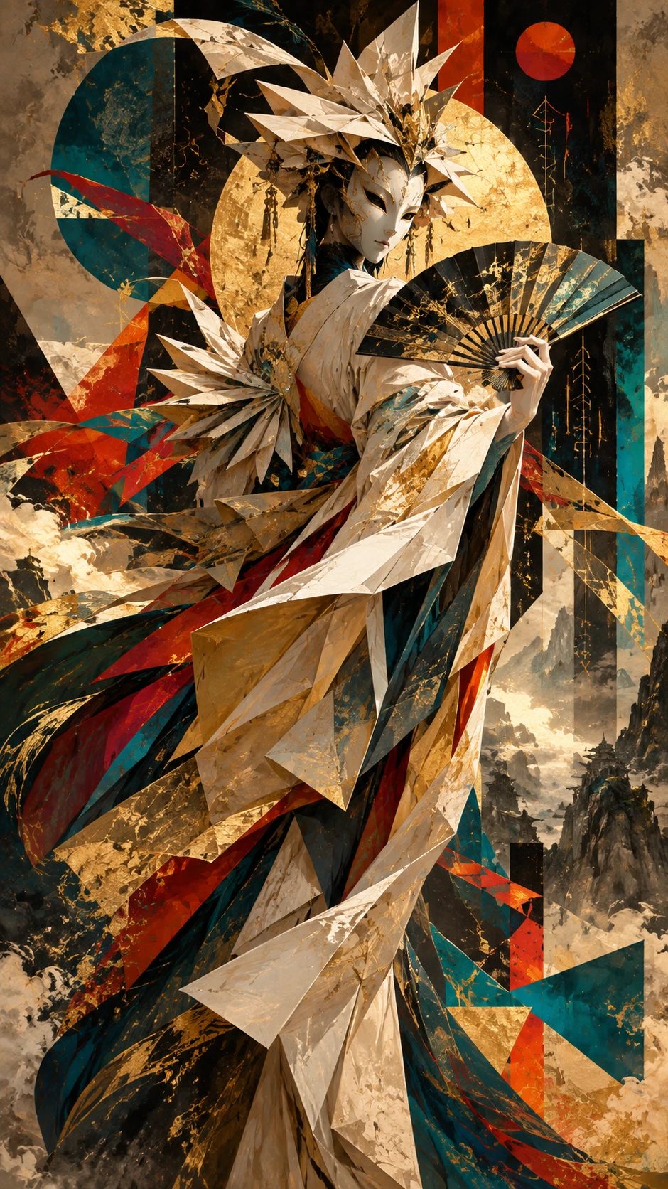 Majestic origami figure with mask and fan on abstract backdrop