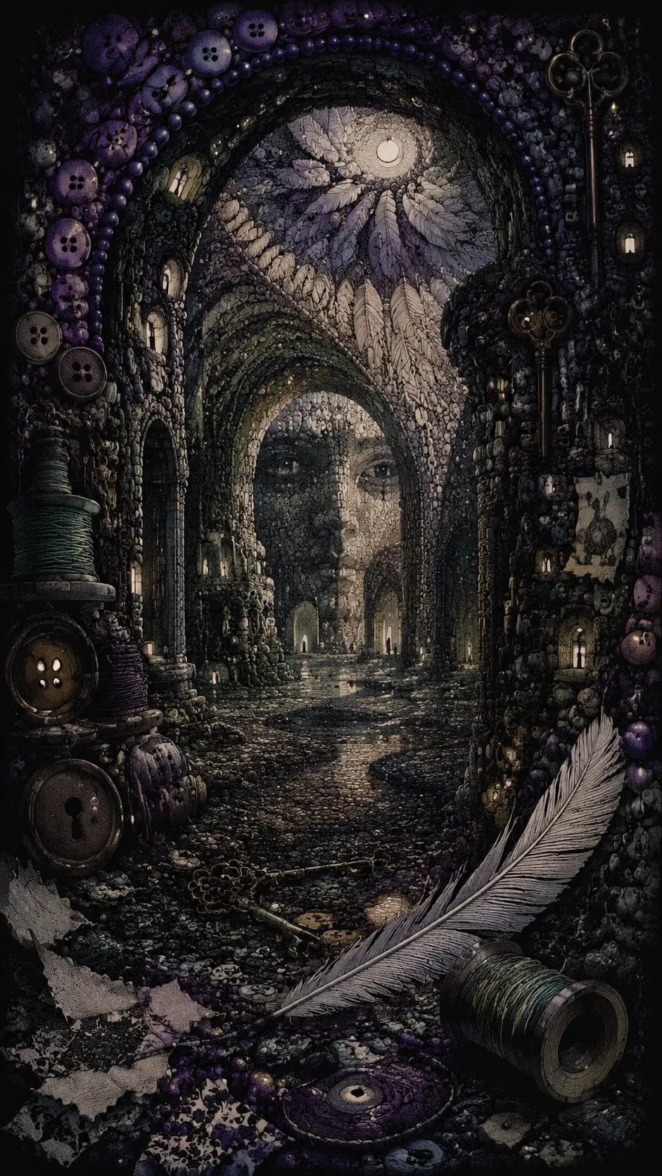 Surreal interior of magnified objects forming monumental arches