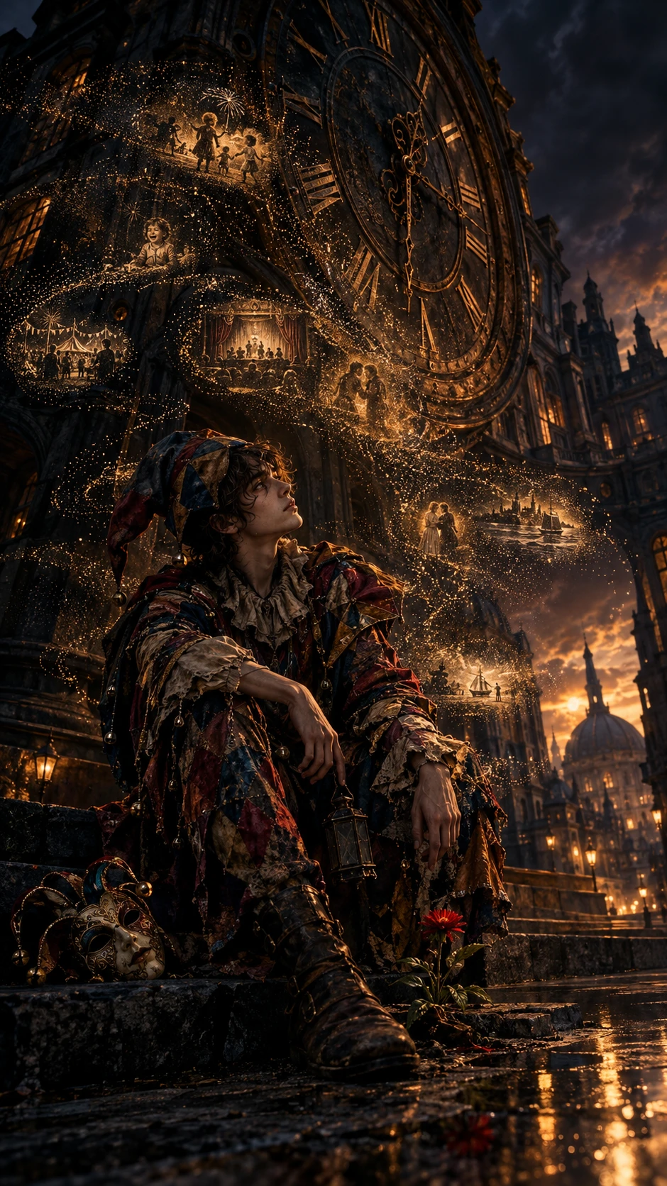 Bouffon mélancolique sous une horloge ancienne au crépuscule