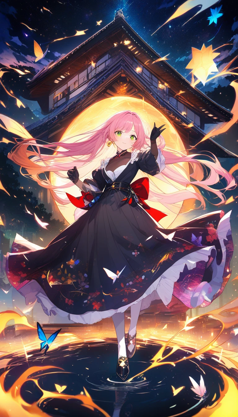 Garota de anime em templo japonês sob fogos de artifício noturnos