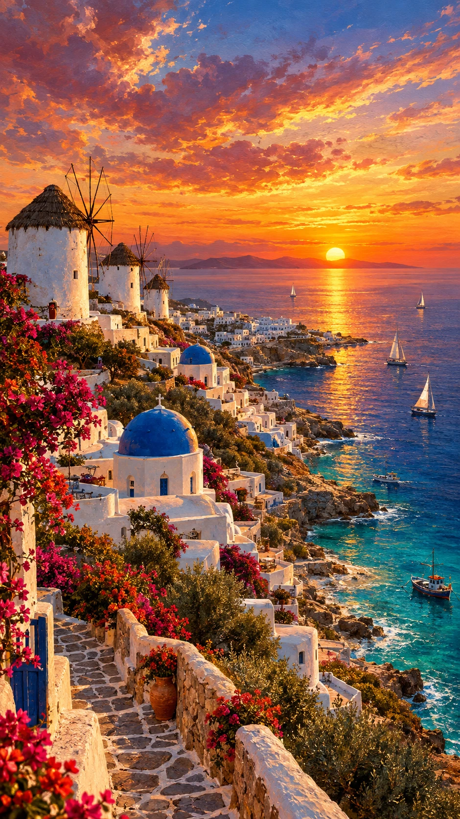 Vista do pôr do sol da vila caiada de Mykonos sobre o mar