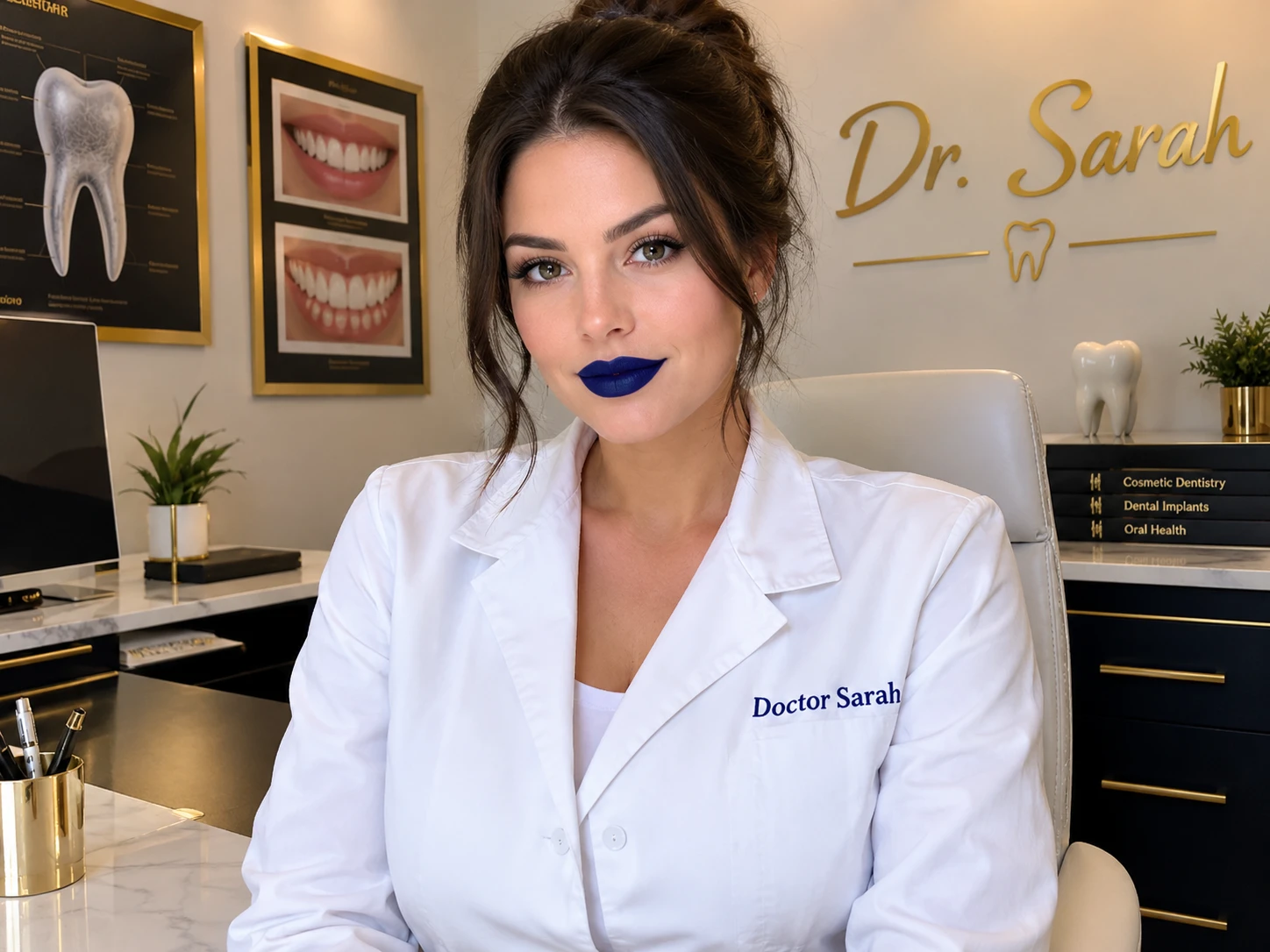 Donna con labbra blu scuro in camice bianco da dottoressa alla scrivania