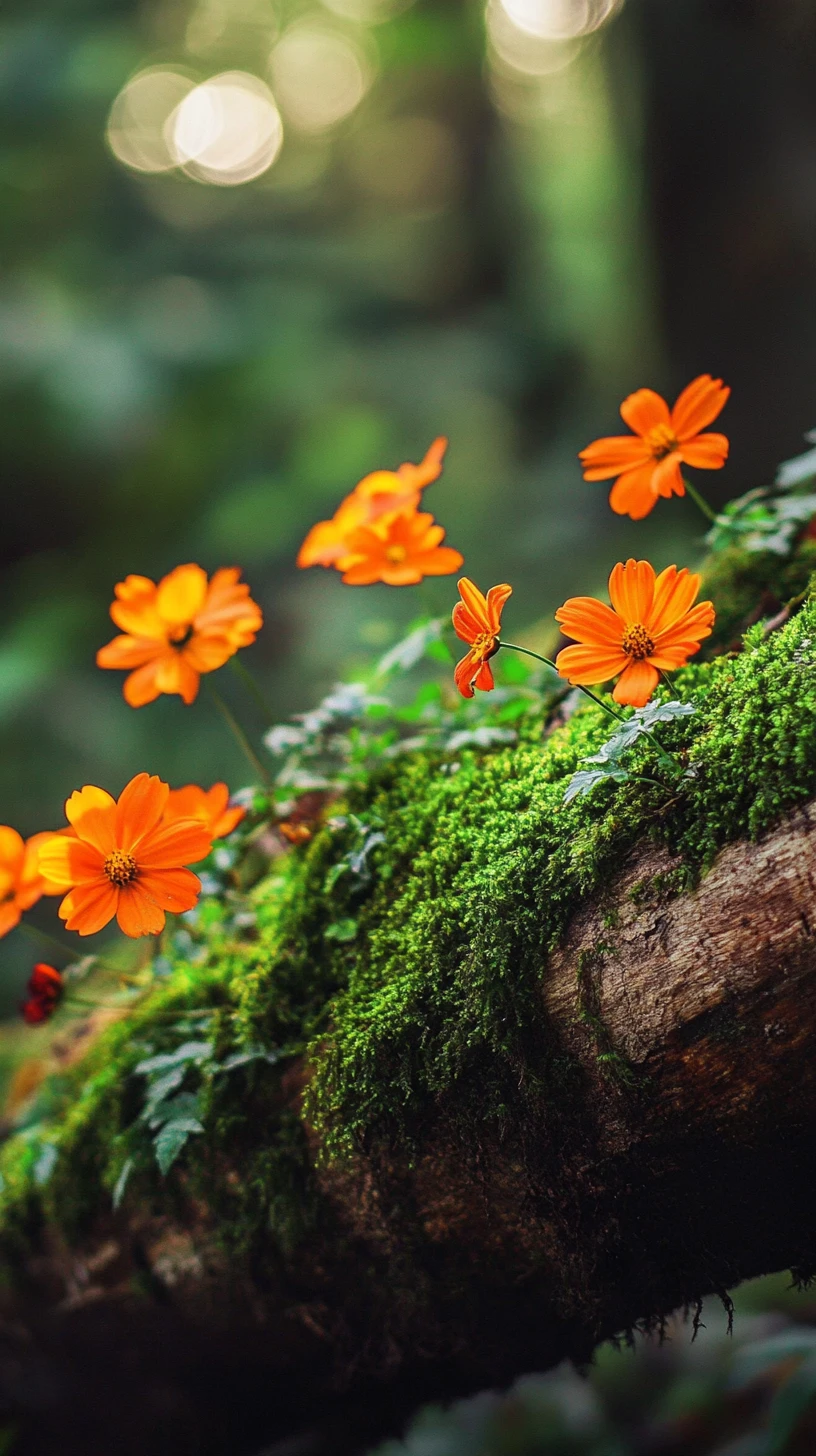 Fleurs orange sur tronc moussu dans une forêt verte et luxuriante