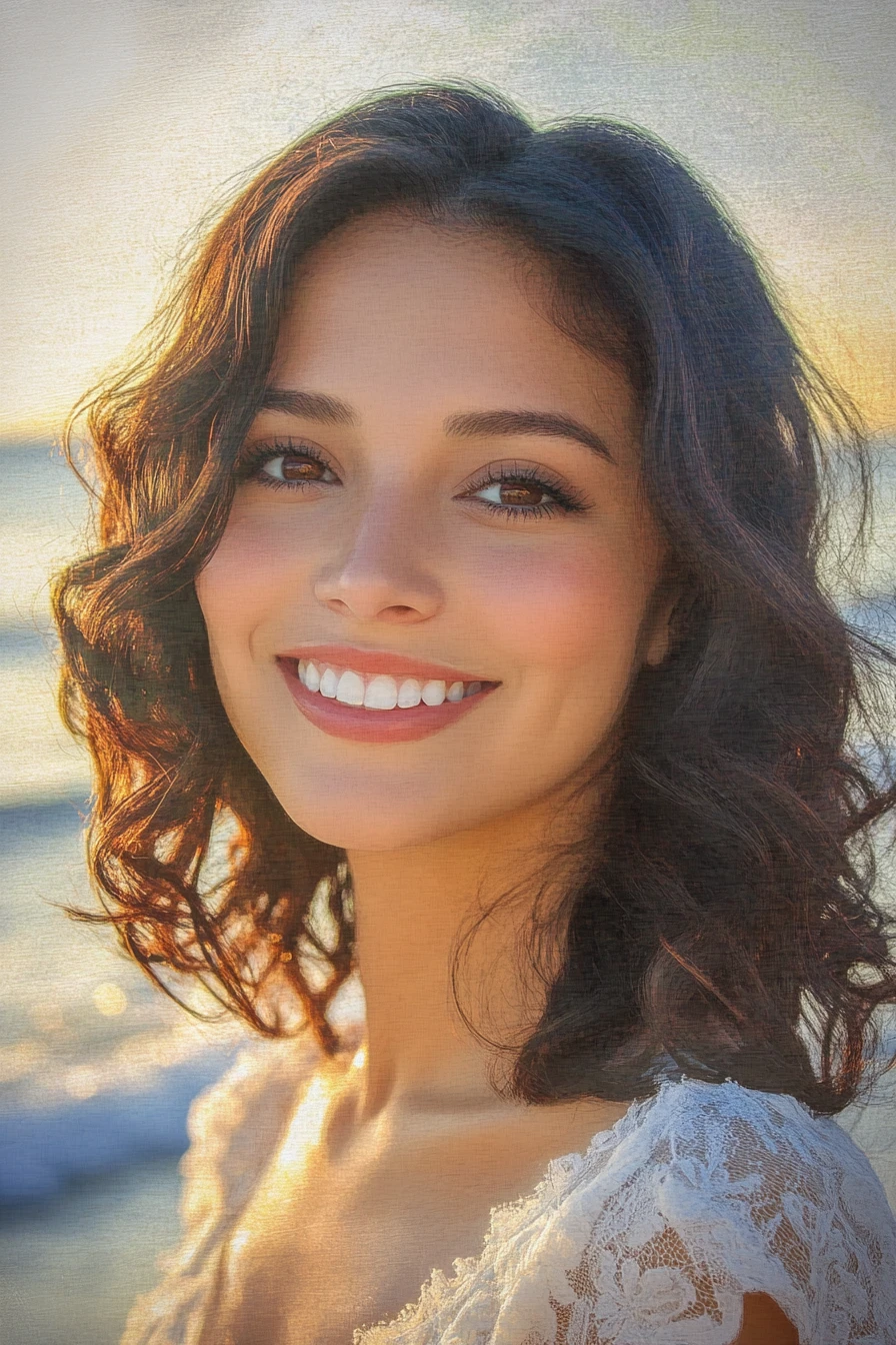 Retrato em aquarela de mulher sorridente na praia ao pôr do sol