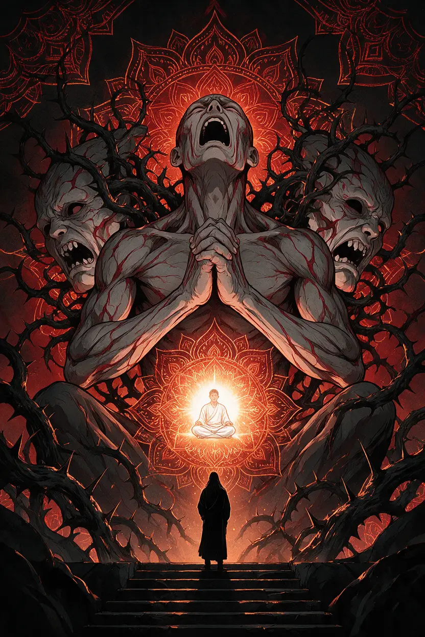 Colossal praying humanoid writhing in silent inner torment