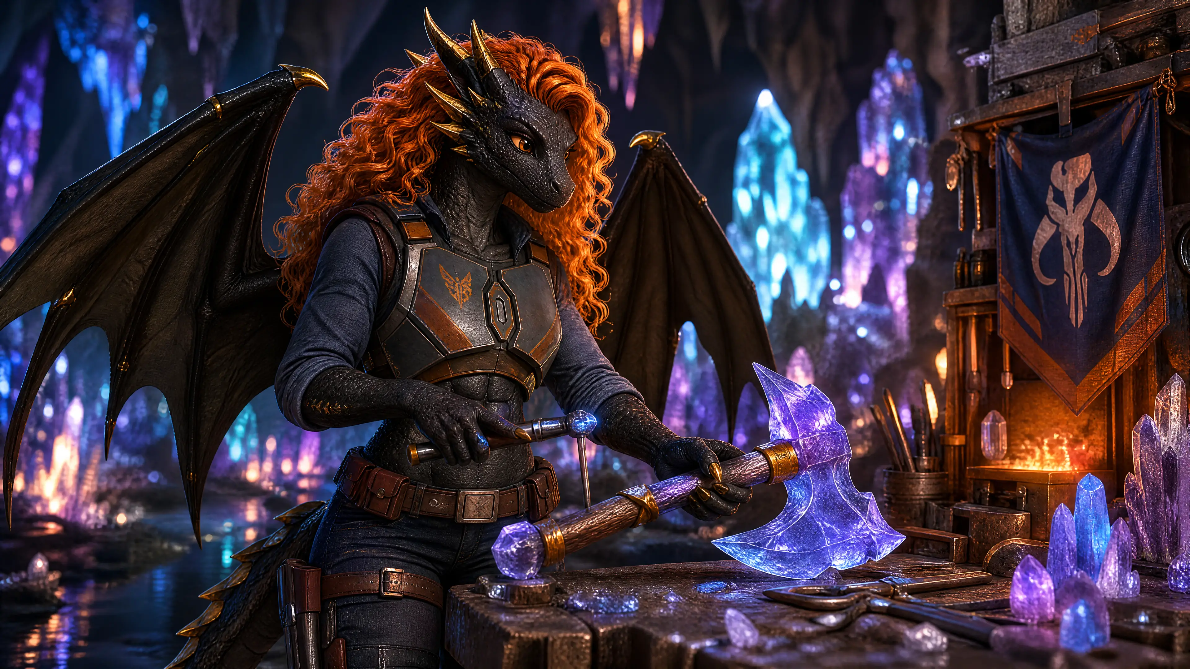 Guerrière dragon ailée forgeant une hache de cristal