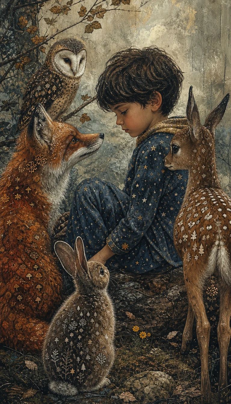 Menino cercado por animais da floresta em ilustração simbólica em mídia mista
