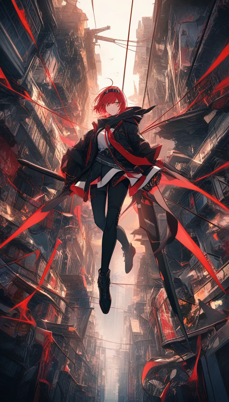 Bewaffnetes Anime-Mädchen in rot-schwarzer Militäruniform