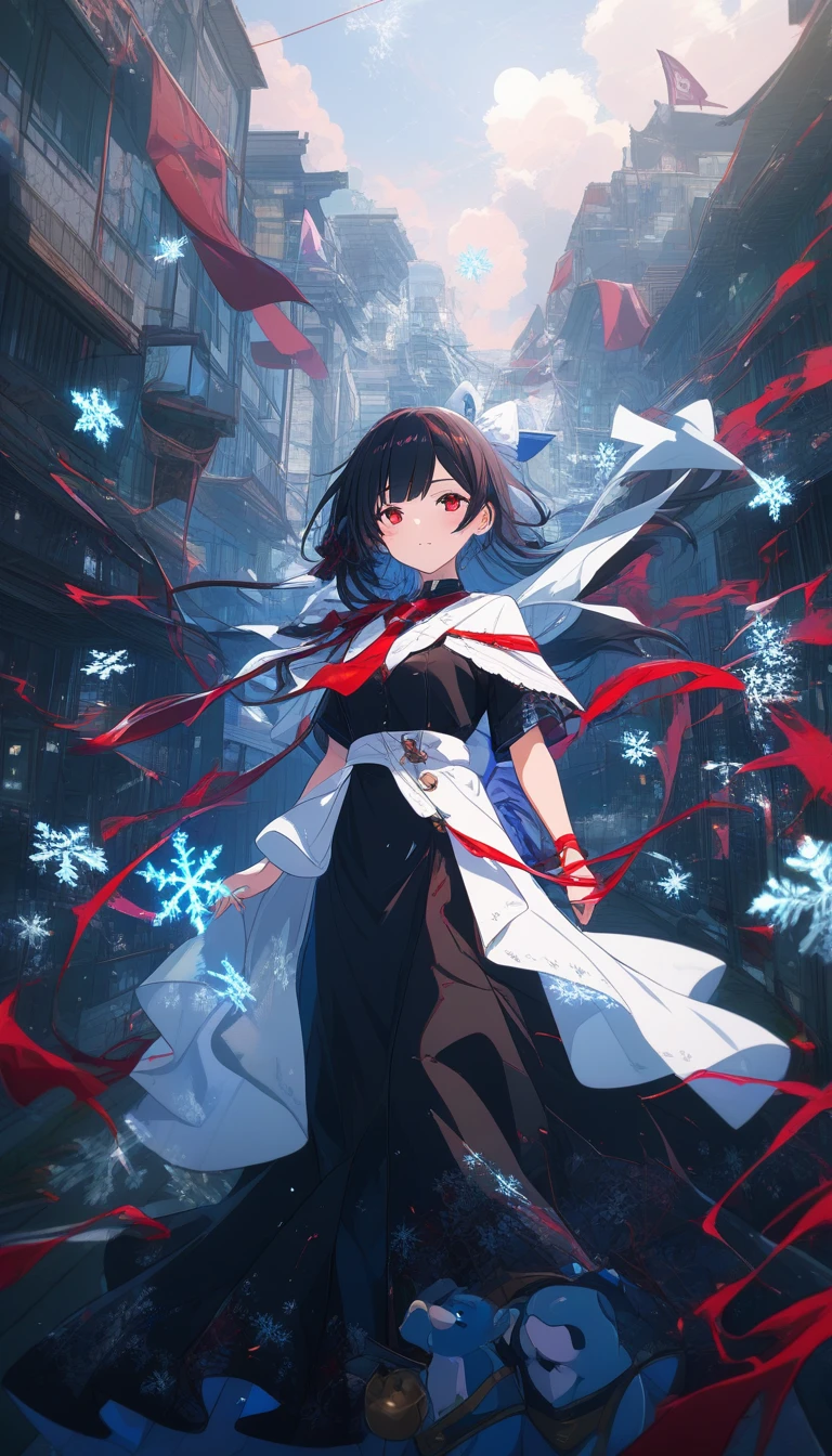 Garota de anime triste com cabelo preto longo e olhos vermelhos