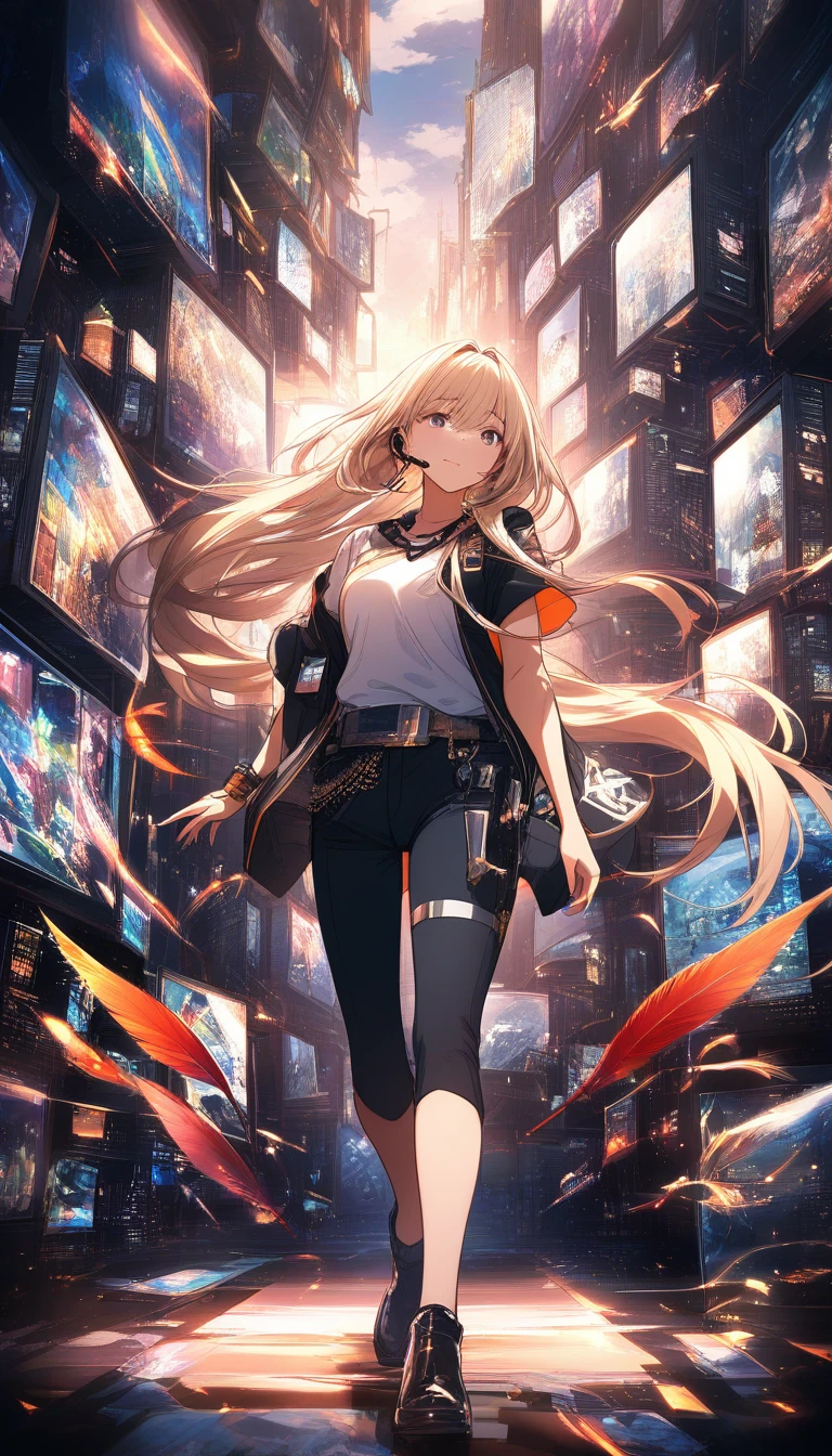 Fille d’anime armée traversant une salle de serveurs sombre