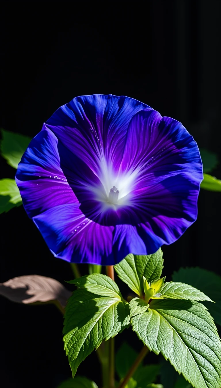 Primo piano di un fiore di ipomea blu su tralcio verde