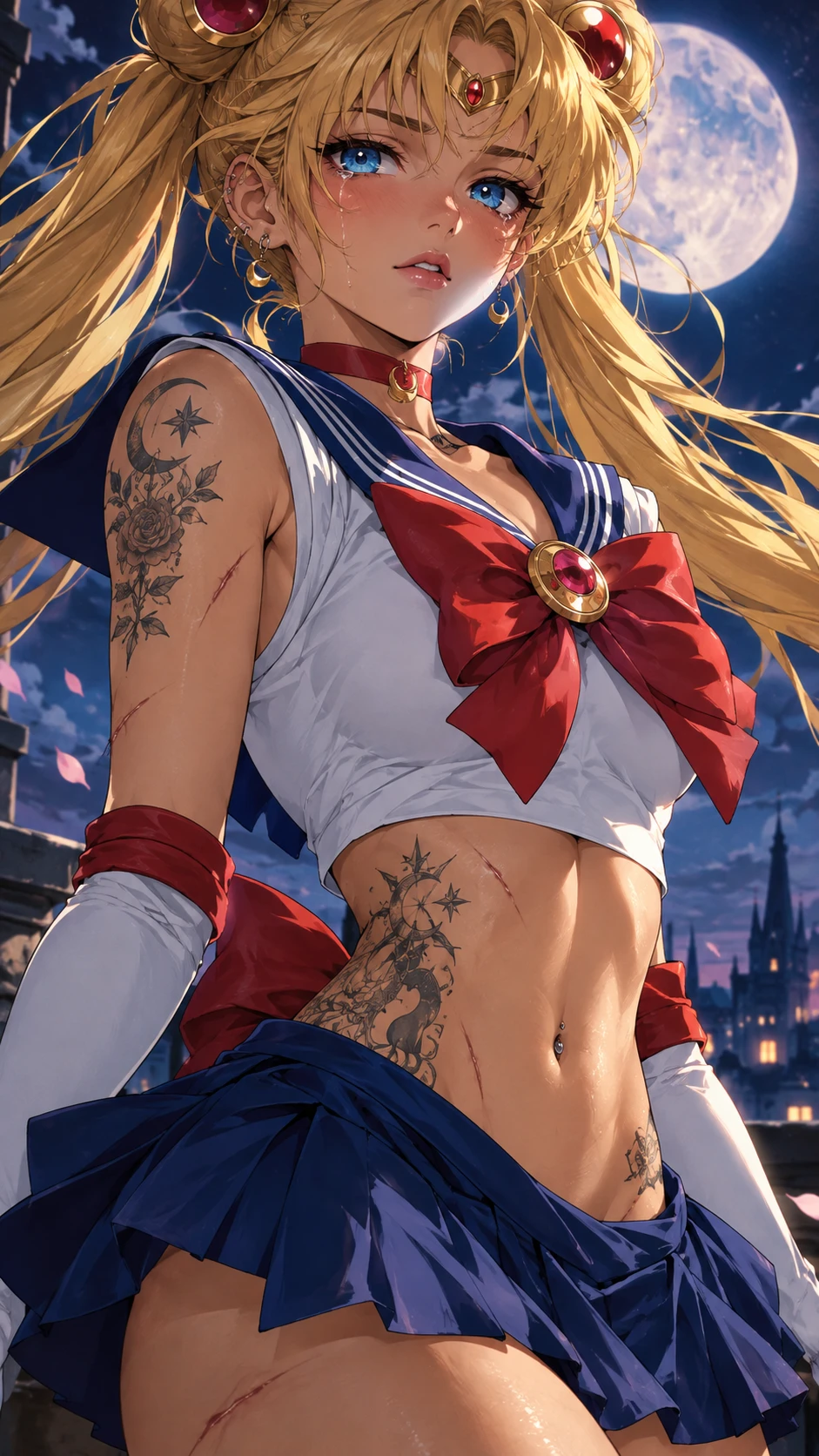 Anime-Heldin mit blauen Augen und widerstandsfähigem, tätowiertem Körper