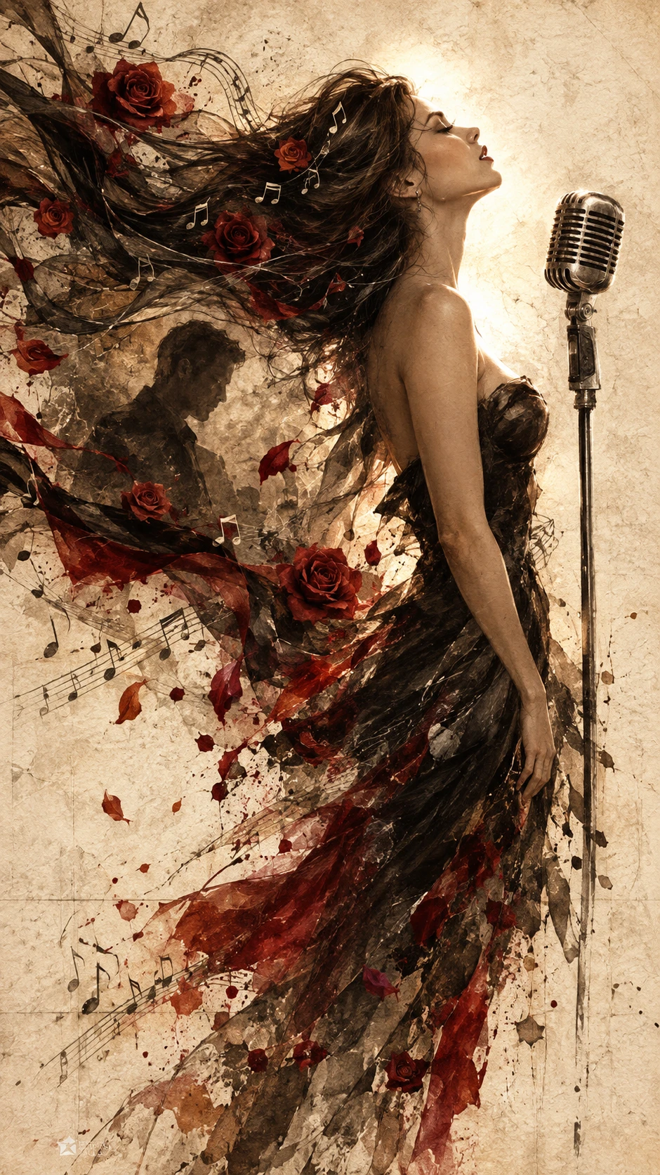 Silhueta surreal de cantora com cabelo musical fluindo
