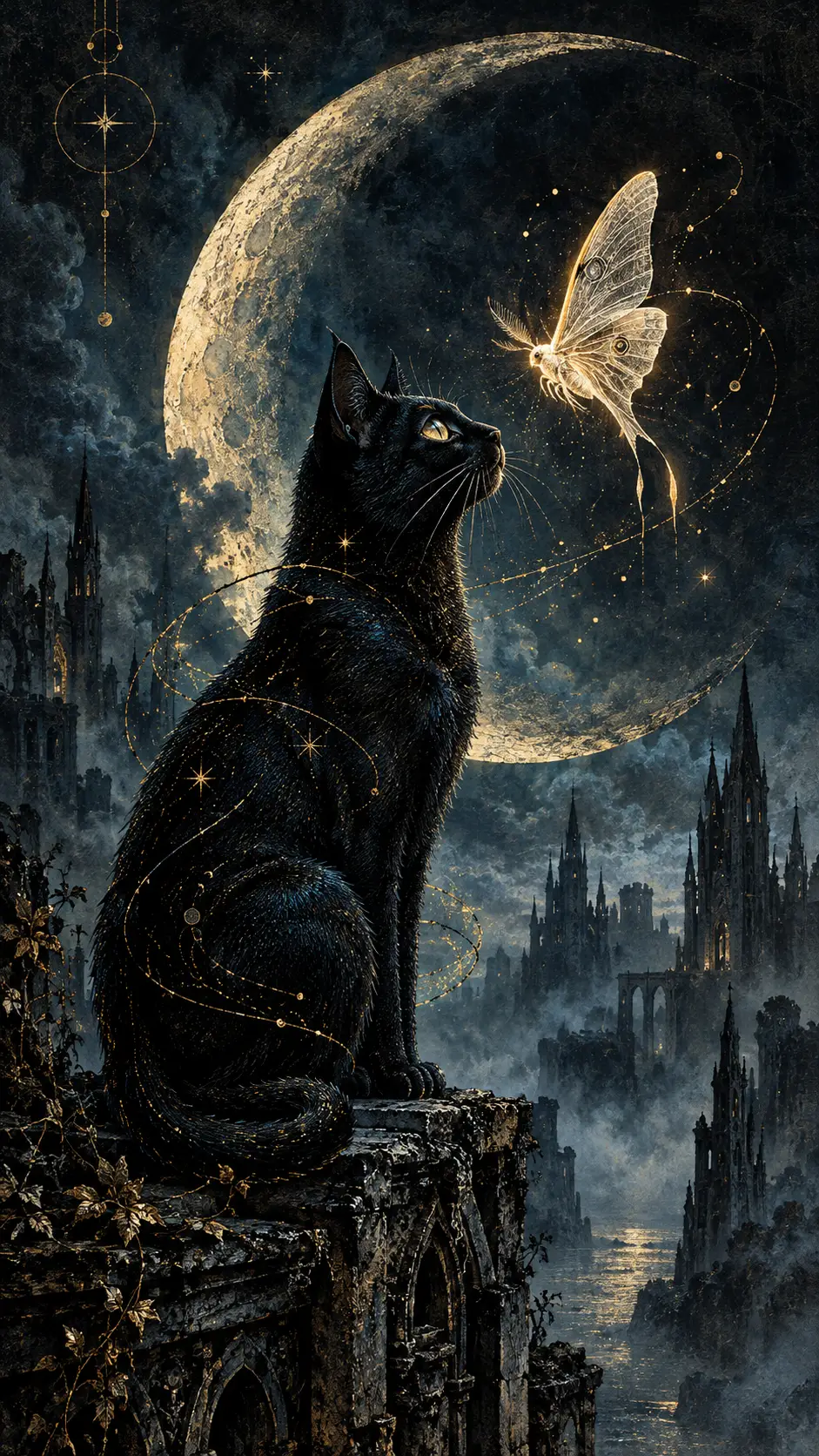 Black cat beneath a crescent moon on a ruined rooftop