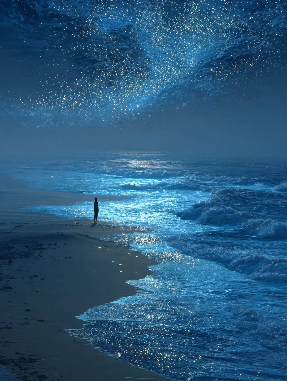 午夜海浪與墜落星光下的夜空