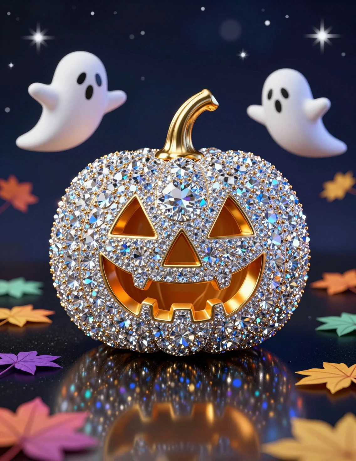Abóbora luxuosa de diamante com rosto dourado de jack-o’-lantern