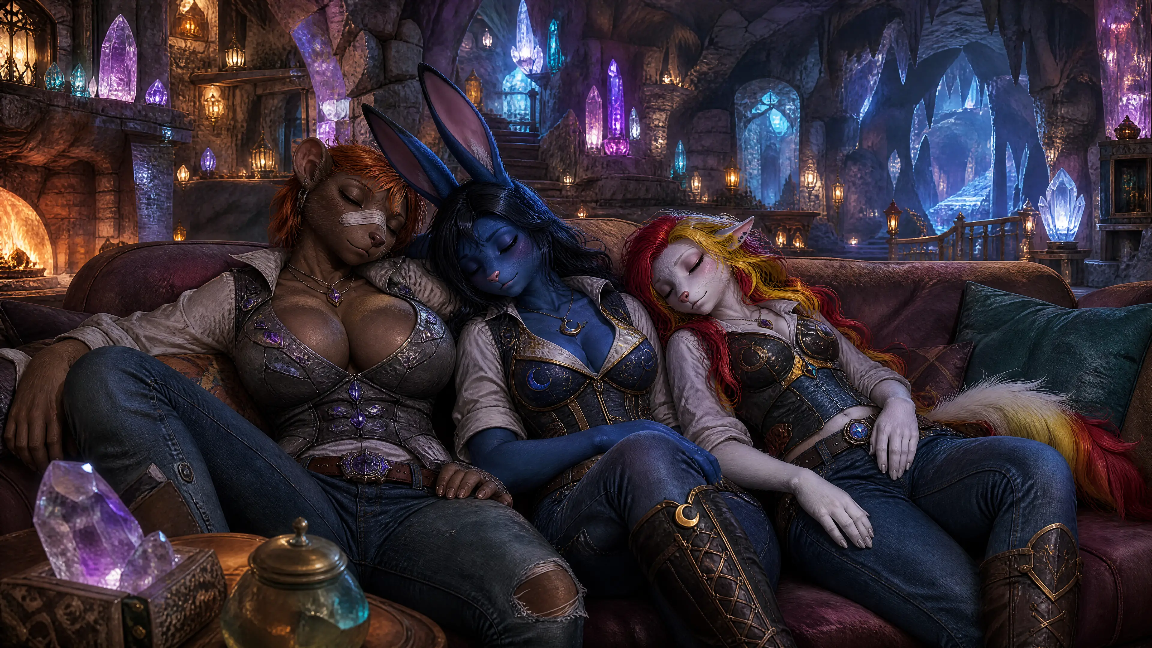 Épouses anthro dormant ensemble dans une grotte de cristal lumineuse