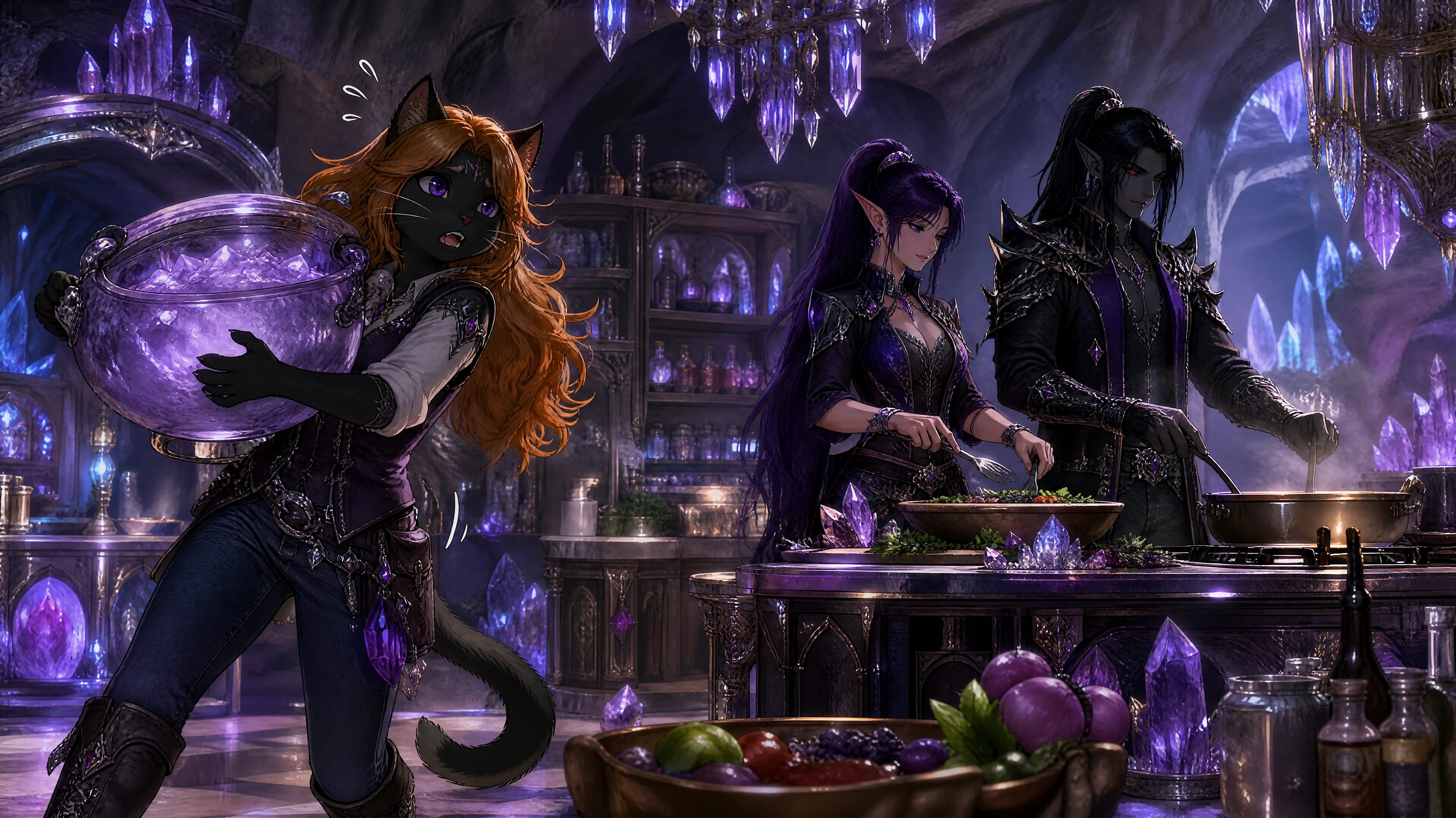 Anthro cat and eldar couple cooking in crystal cavern kitchen
