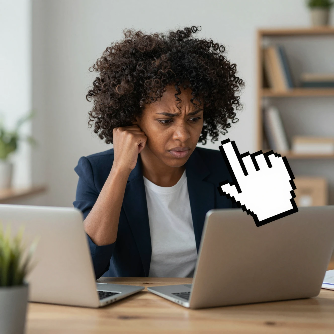 Frustrierte Unternehmerin am Laptop mit riesigem blinkendem Cursor