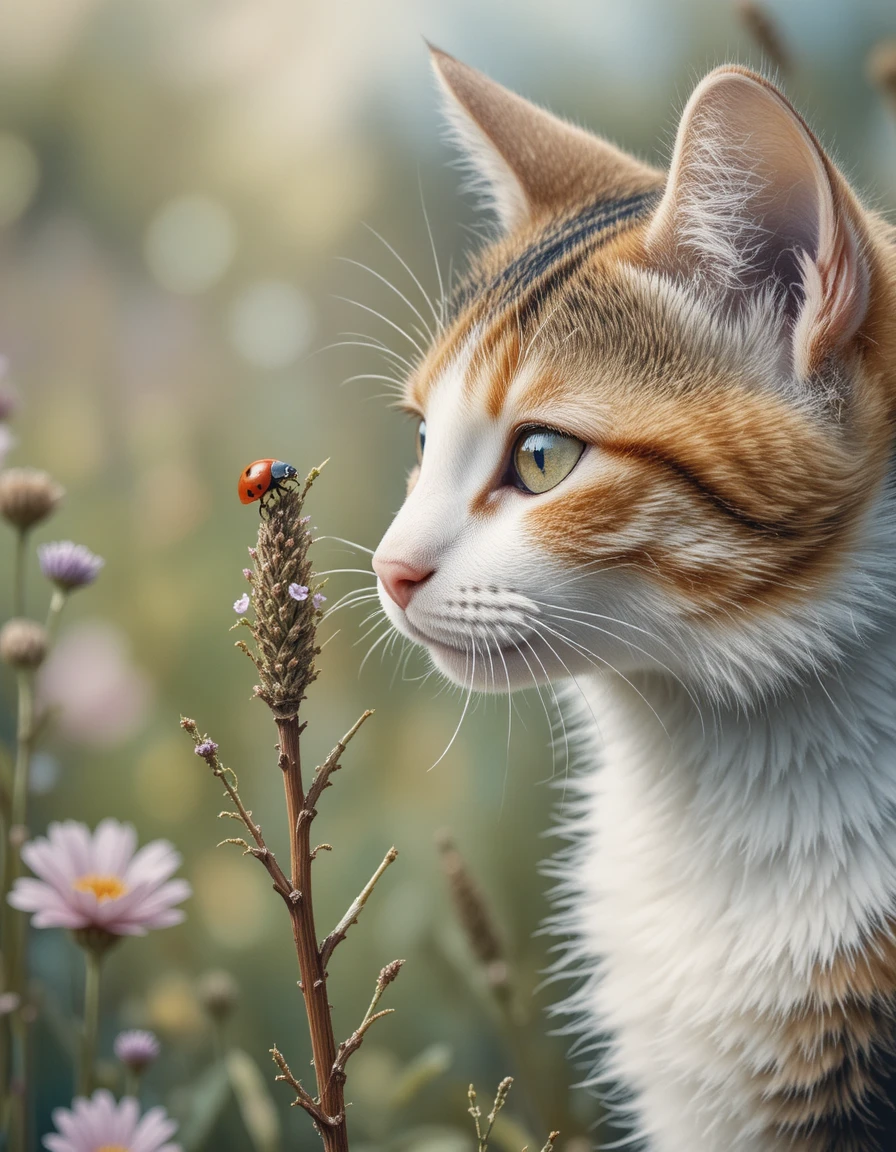 Gros plan aquarelle d’un chat tricolore et d’une coccinelle