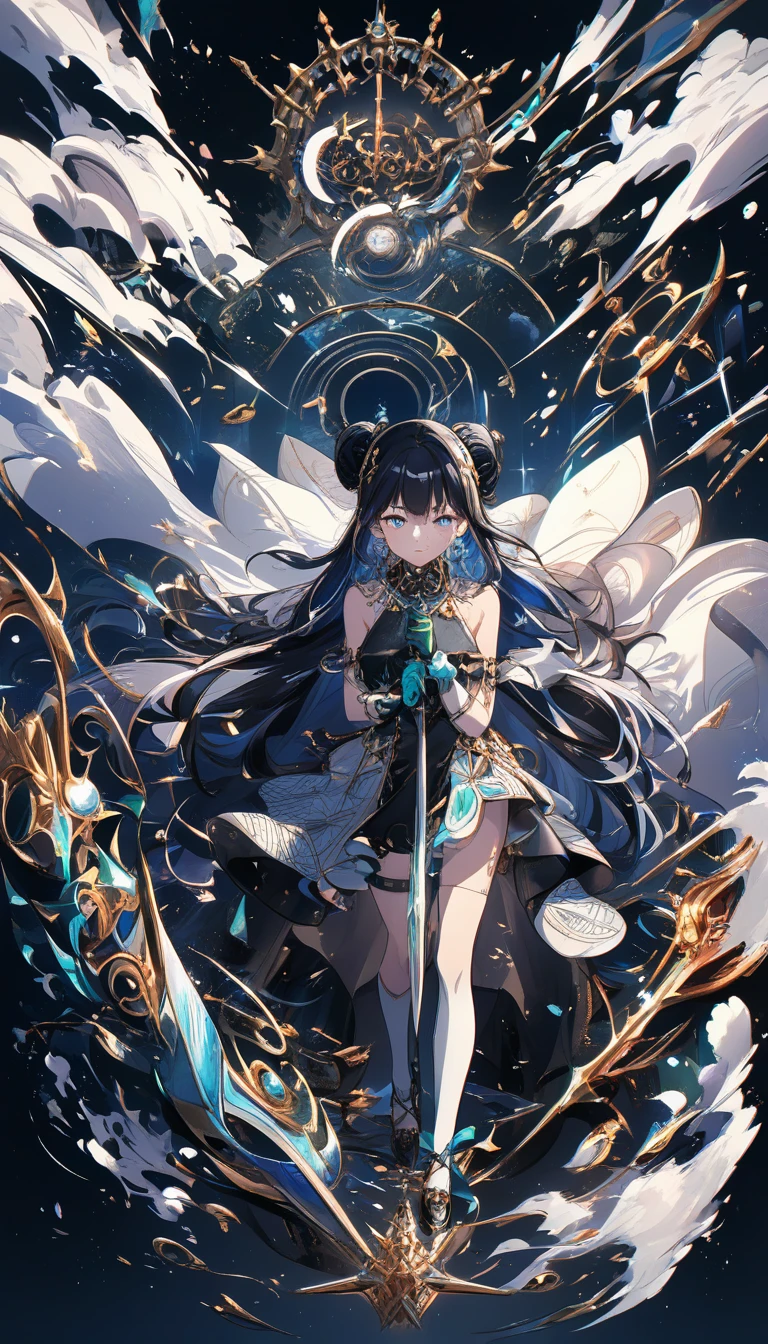 Anime girl walking with two black knights in golden capes