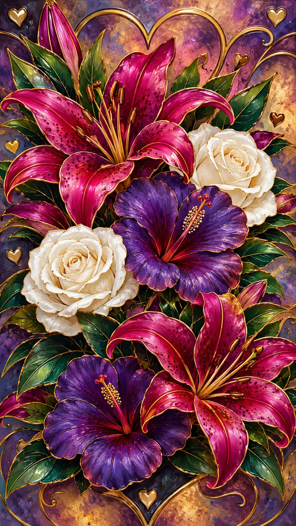 琺瑯風格的洋紅色百合、扶桑花與白玫瑰