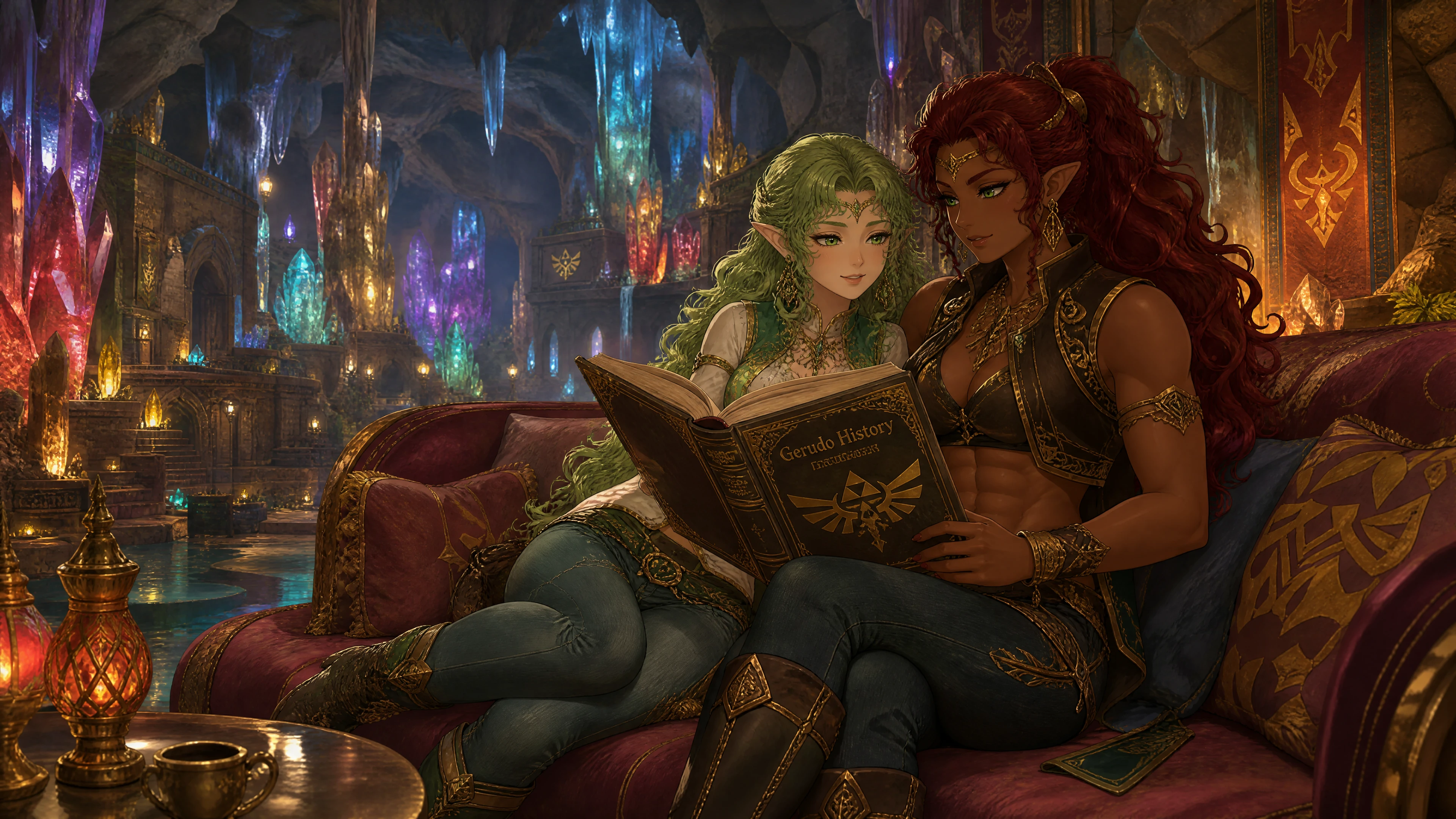 Esposas de fantasia lendo juntas em uma casa de caverna de cristal