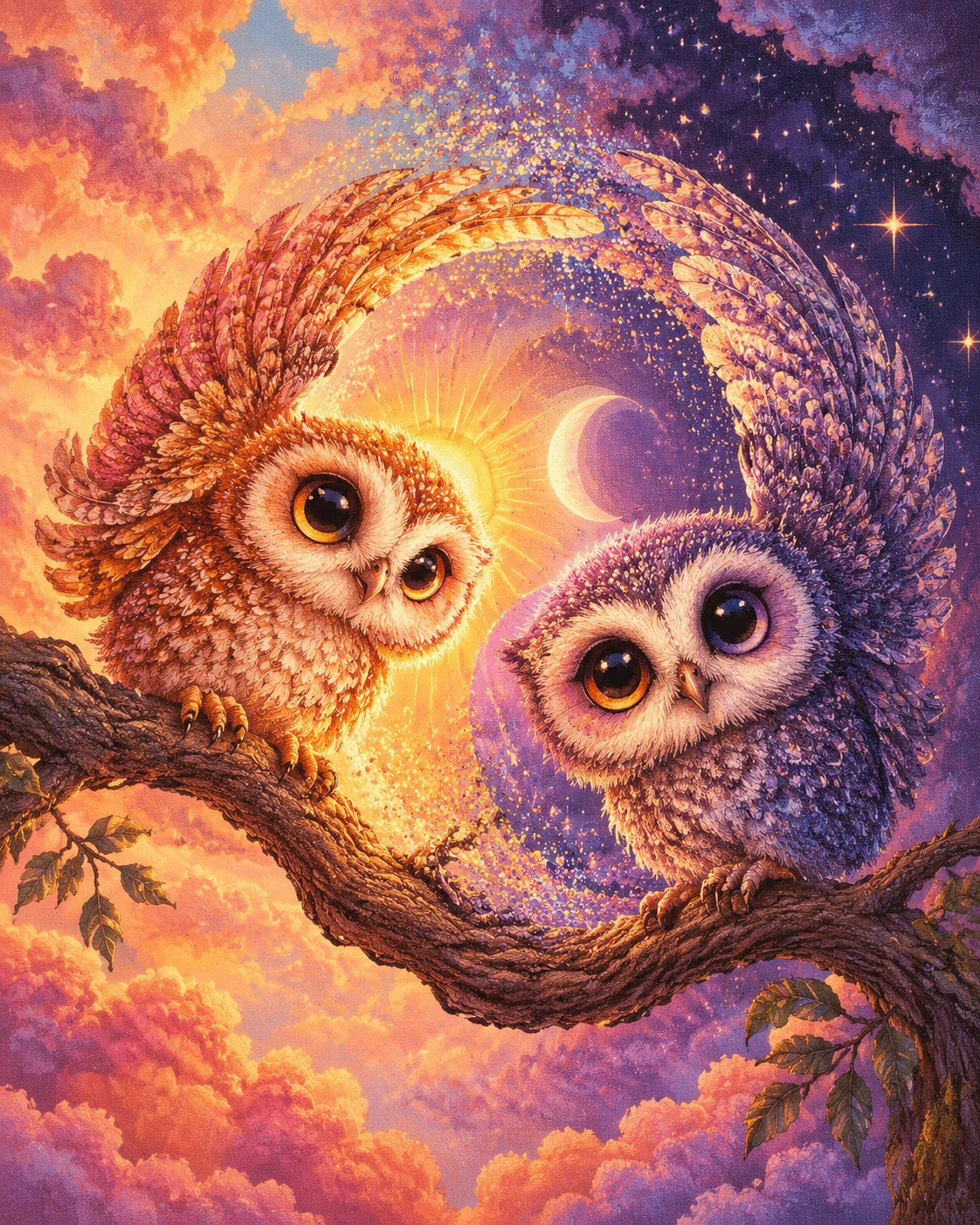 Dois filhotes de coruja dividindo um galho ao amanhecer e ao entardecer
