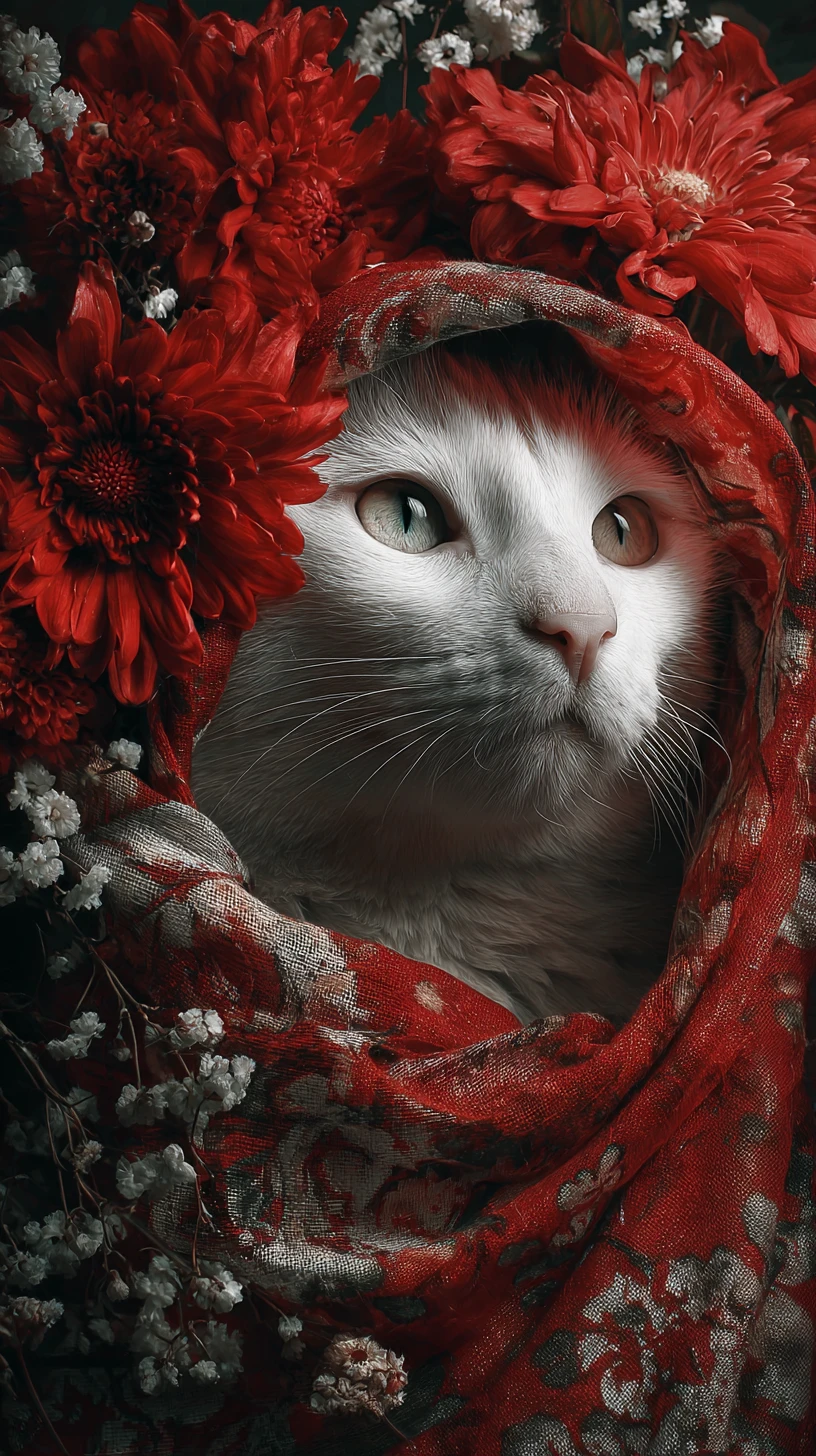 Elegant cat wrapped in flowing silk scarves and flowers
