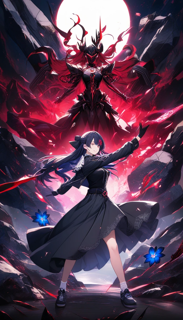 Garota de anime brandindo uma espada rúnica em um mundo sombrio