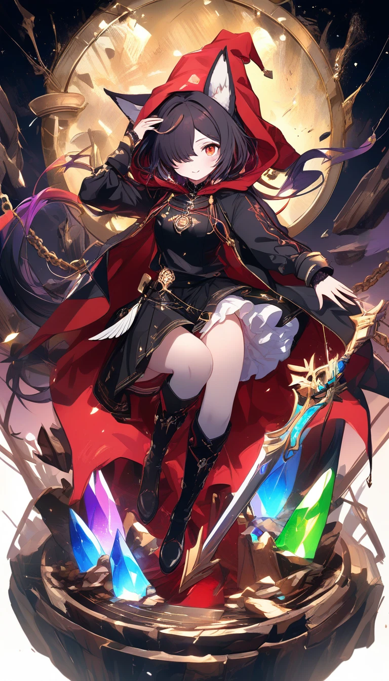 Garota de anime com capuz vermelho ornamentado, orelhas de raposa e guizos