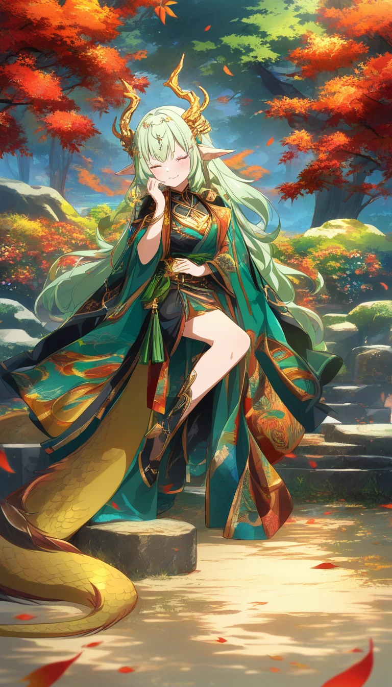 Garota de anime com chifres de dragão em vestido dourado de fantasia