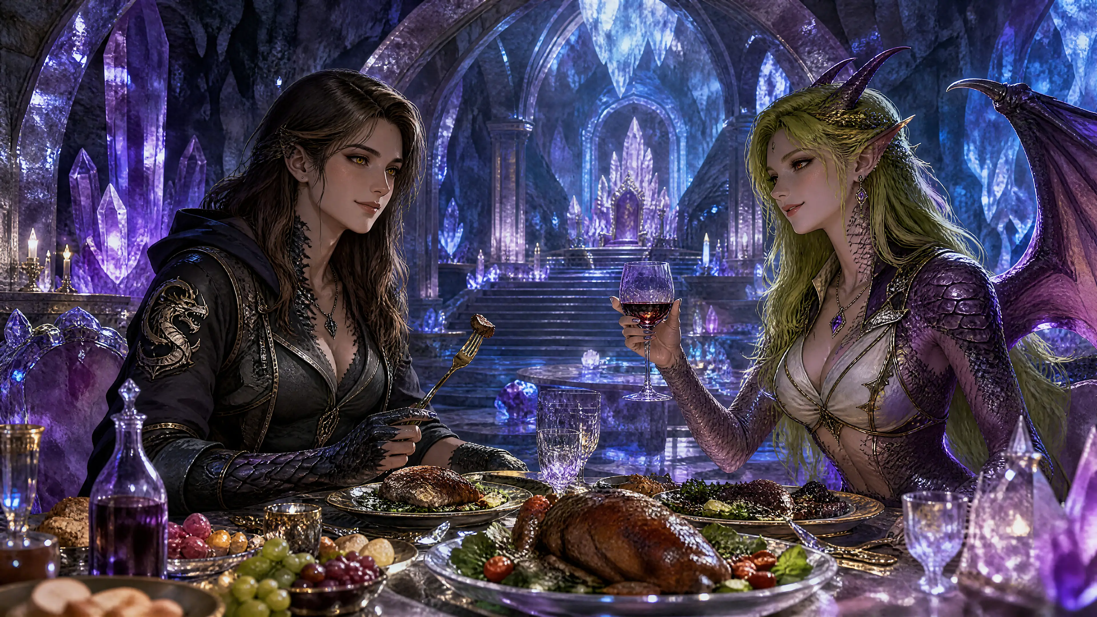 Deux épouses fantastiques partageant un repas dans une grotte de cristal