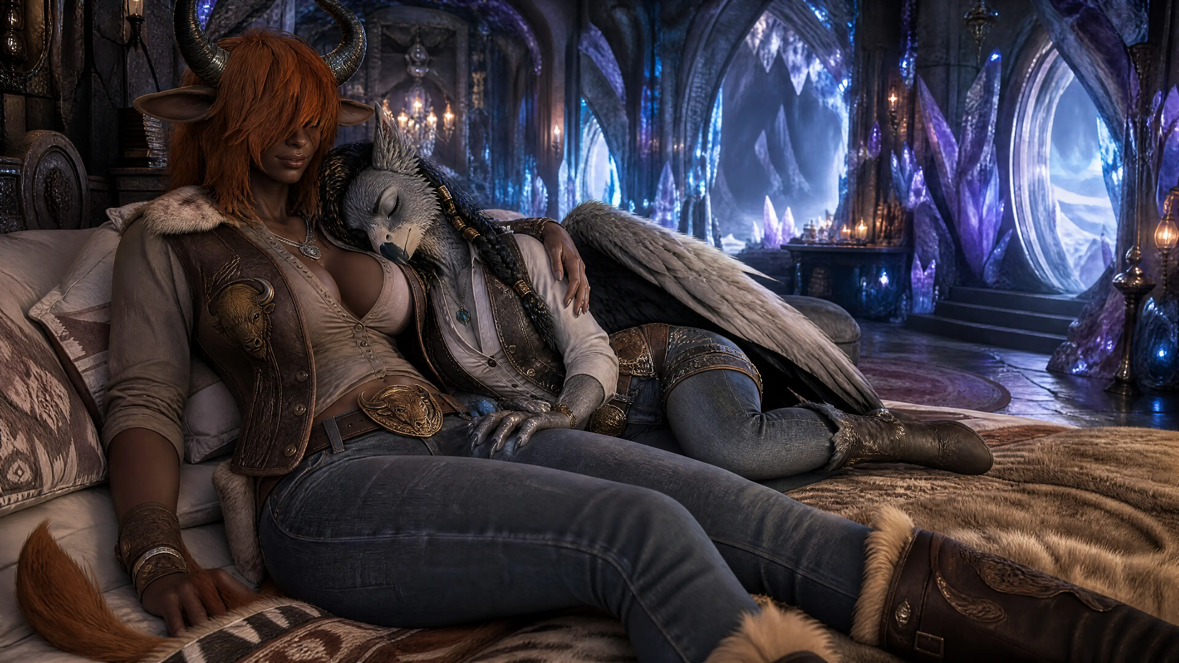 Couple fantastique se reposant ensemble dans une caverne de cristal