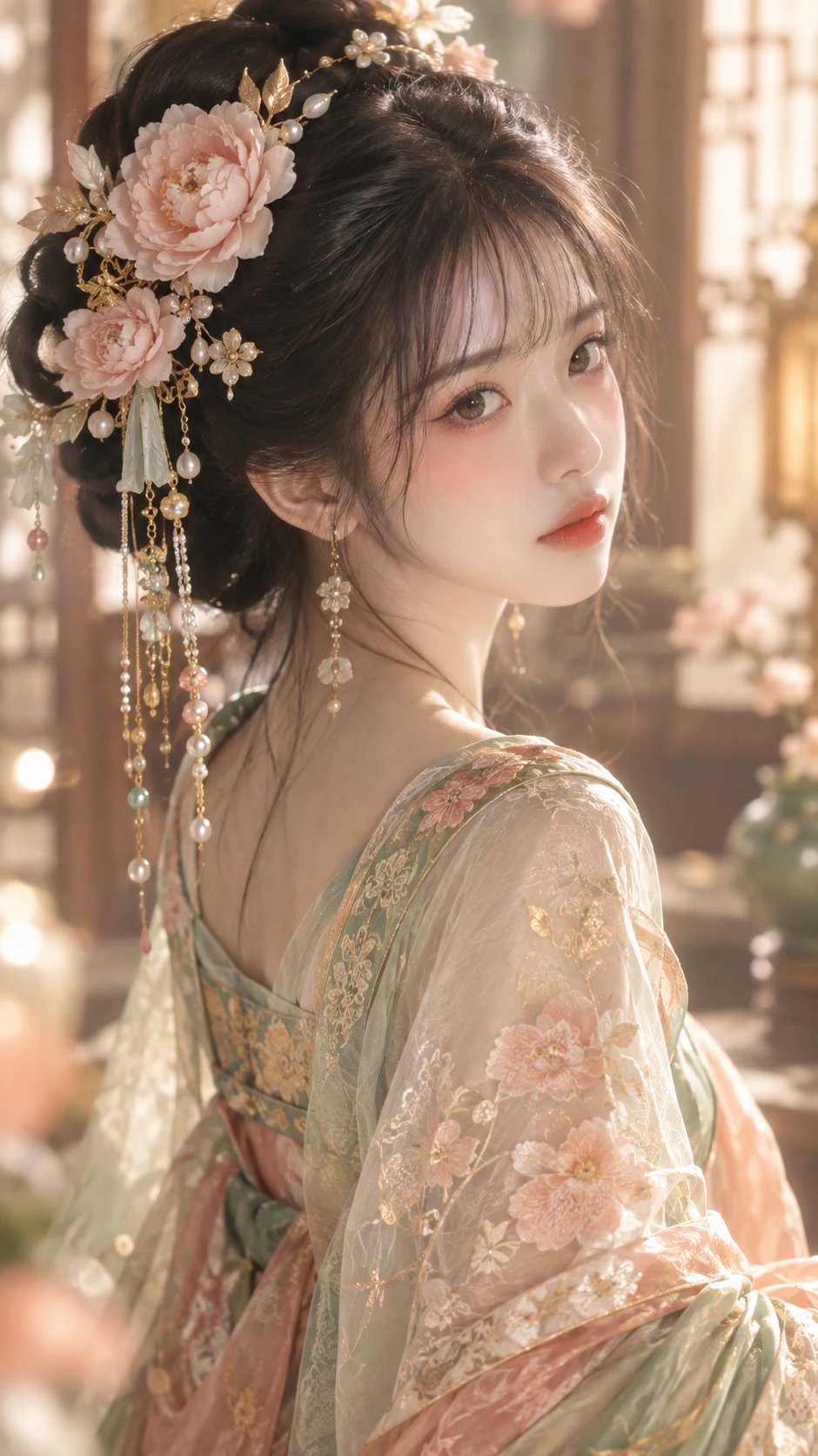 Retrato elegante em hanfu de uma jovem mulher do Leste Asiático em ambiente interno