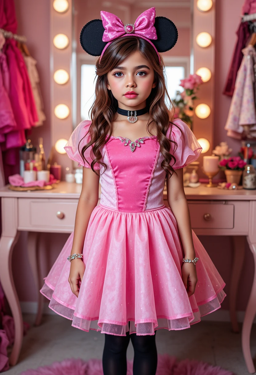 Menino pré-adolescente nervoso com fantasia de princesa rosa na penteadeira