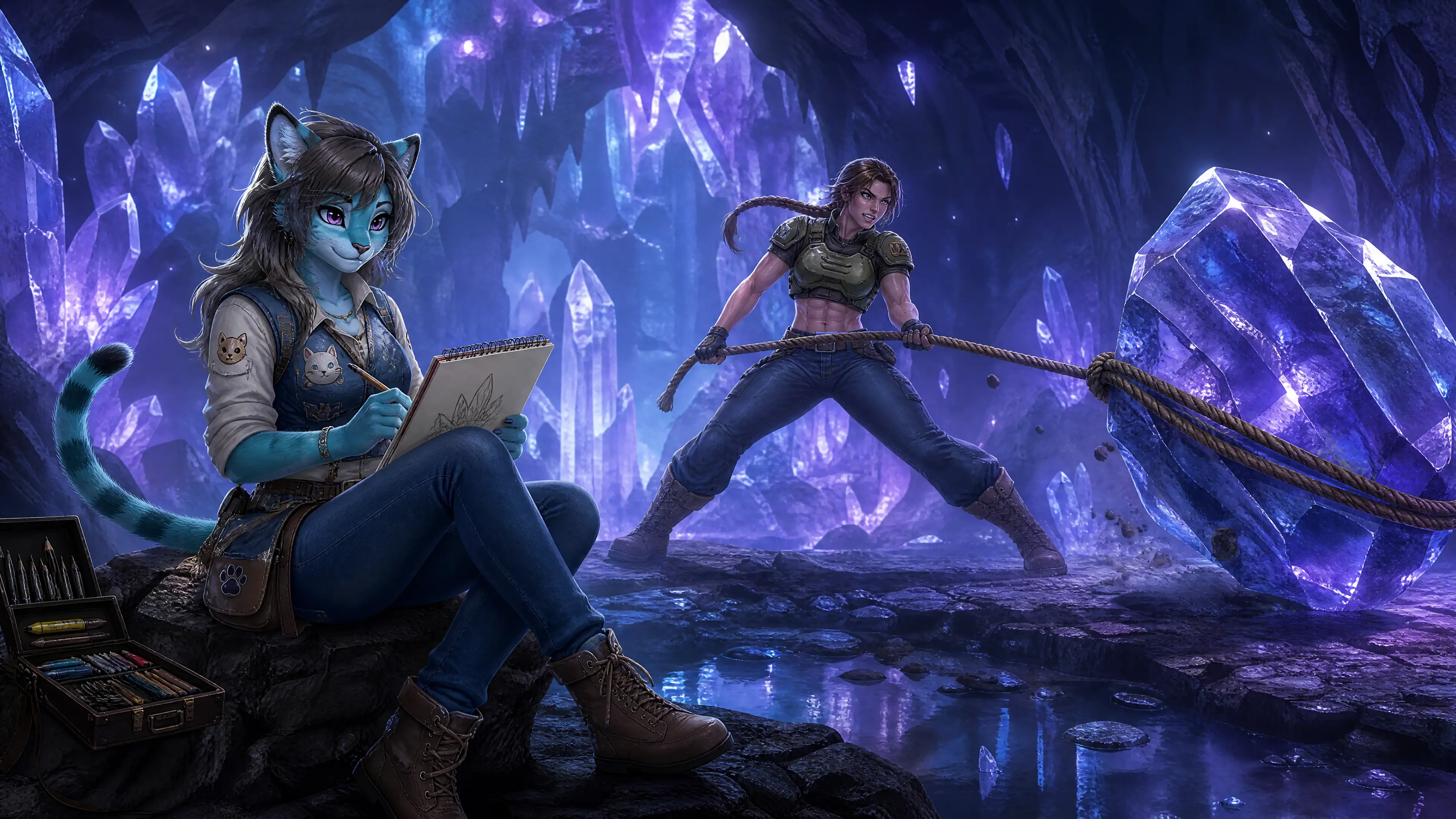Femme ligre turquoise anthropomorphe dessinant sur un rocher dans une grotte