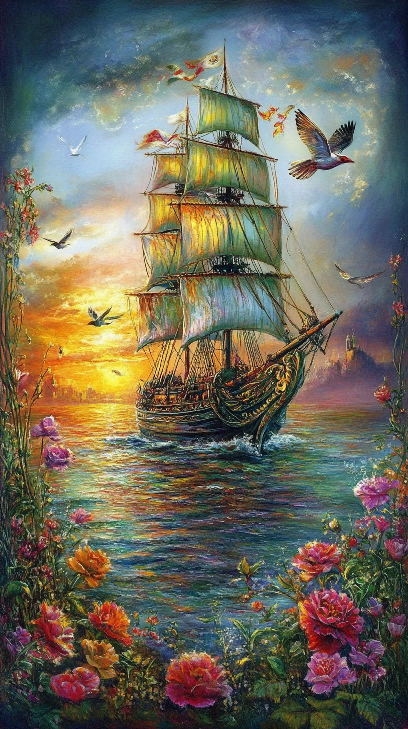 Romântica pintura a óleo de um navio pirata em um mar brilhante
