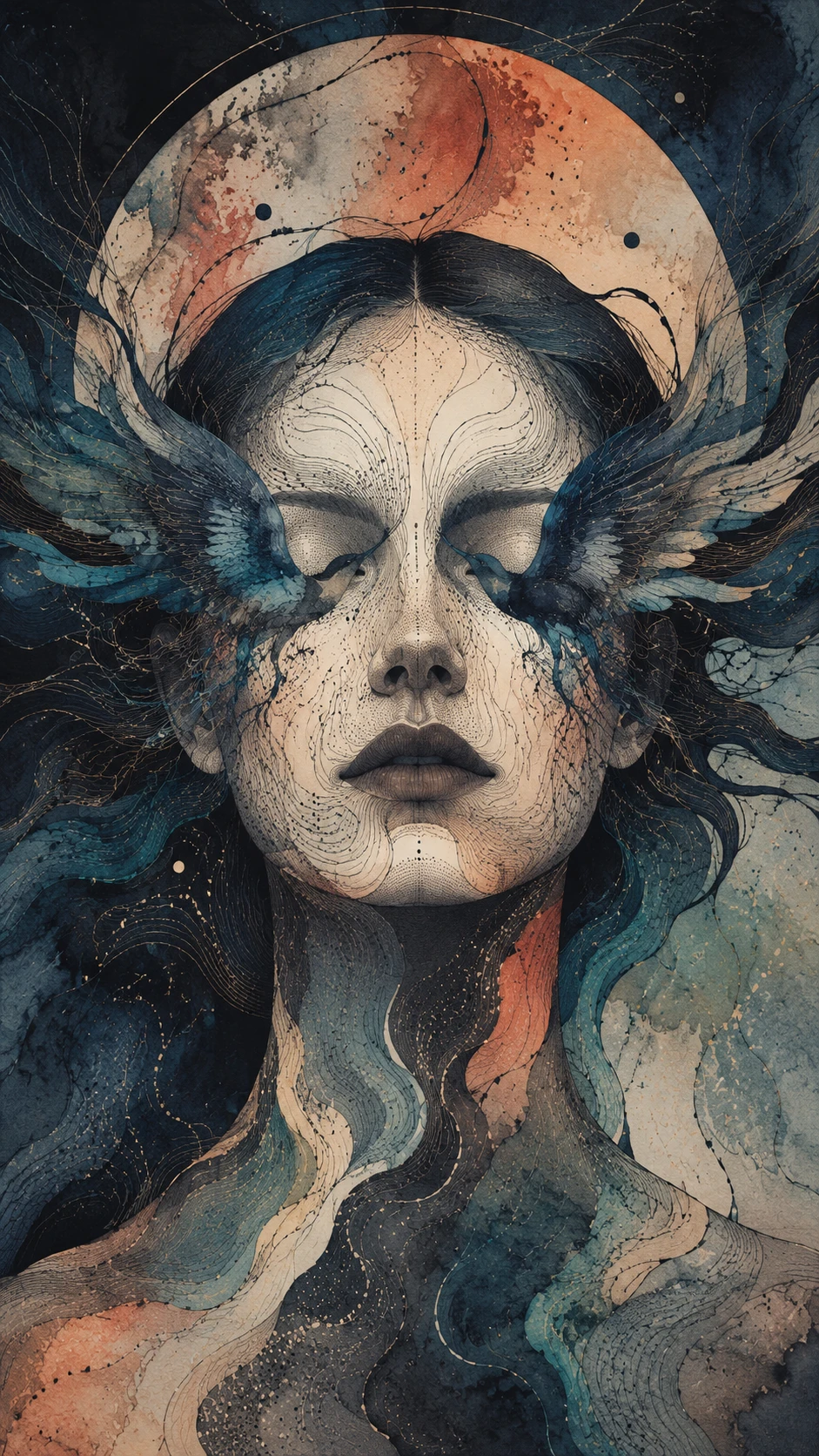 Retrato surreal de uma mulher com pássaros atrás dos olhos fechados