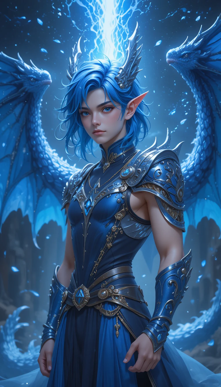 Junger Drachen-Hybridkrieger in blauer Fantasy-Rüstung