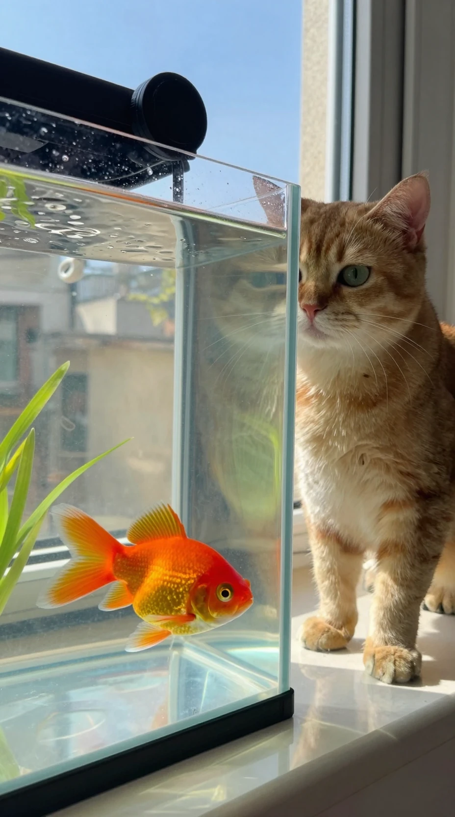 창가의 주황색 어항과 호기심 가득 서 있는 고양이