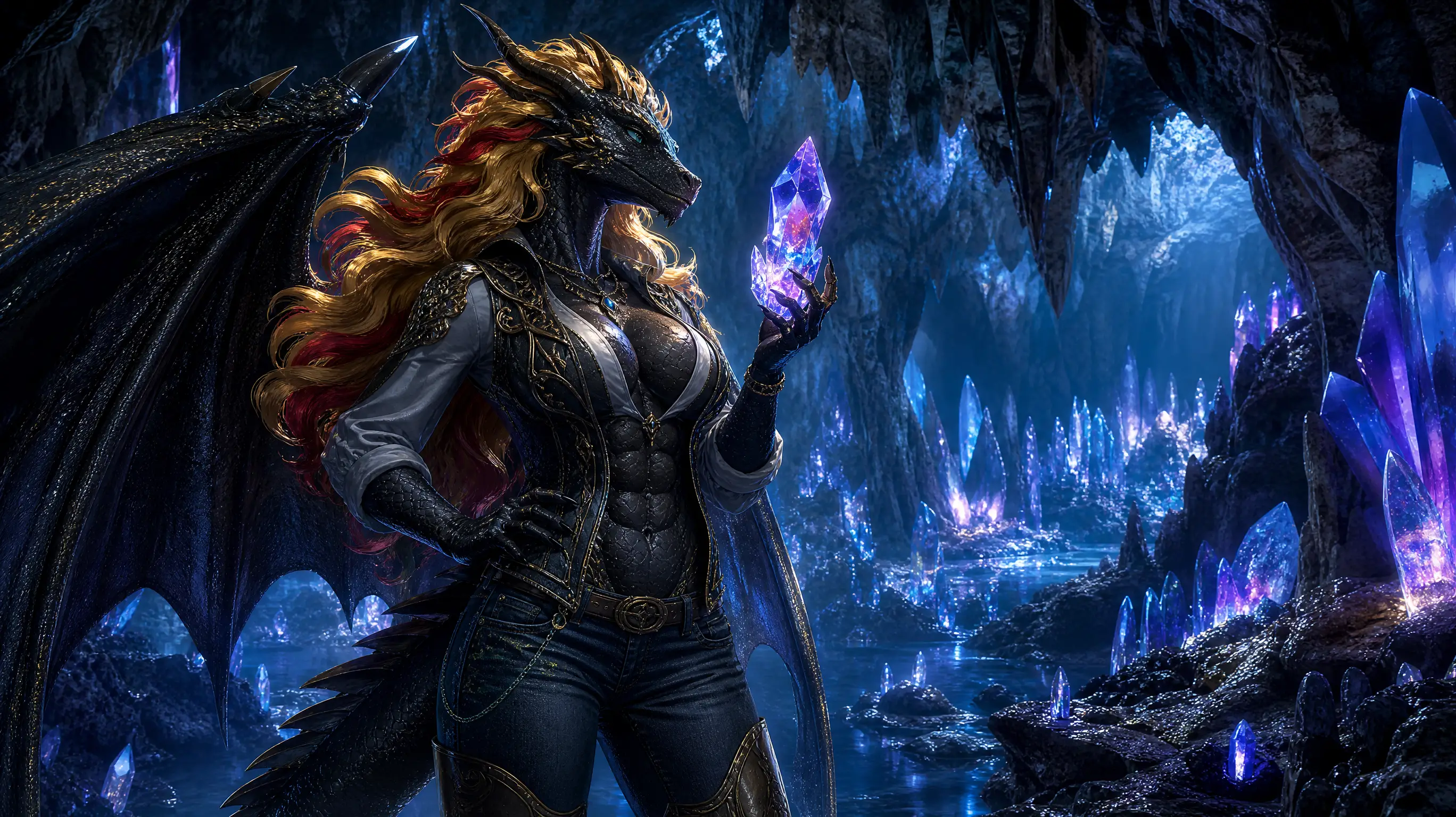 Femme dragon ailée étudiant un cristal dans une caverne