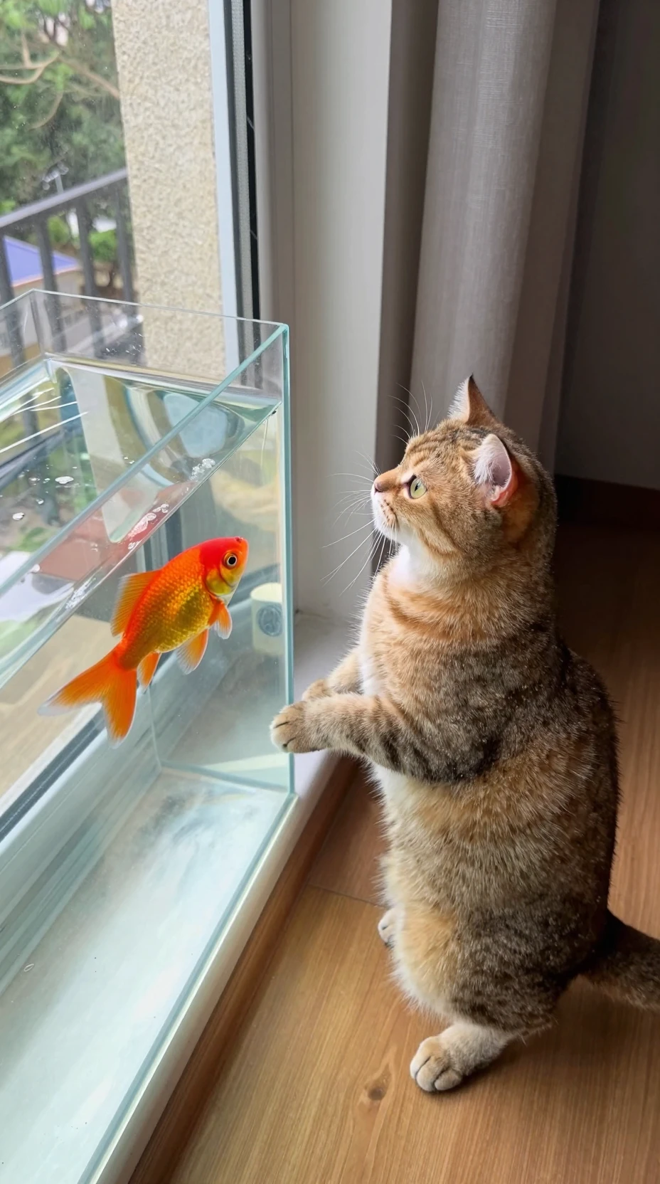 Neugierige Katze, die sich an einem hellen Fenster nach einem Aquarium streckt