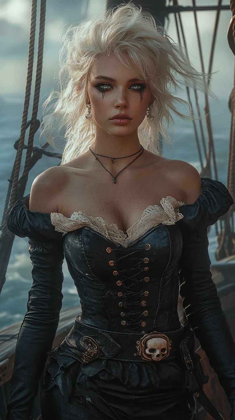 Retrato de mujer pirata feroz en la cubierta de un barco en plena tormenta